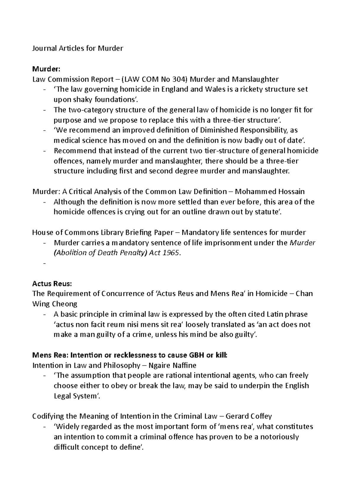 Murder: Key Journal Articles & Analysis on Law and Intentions - Studocu