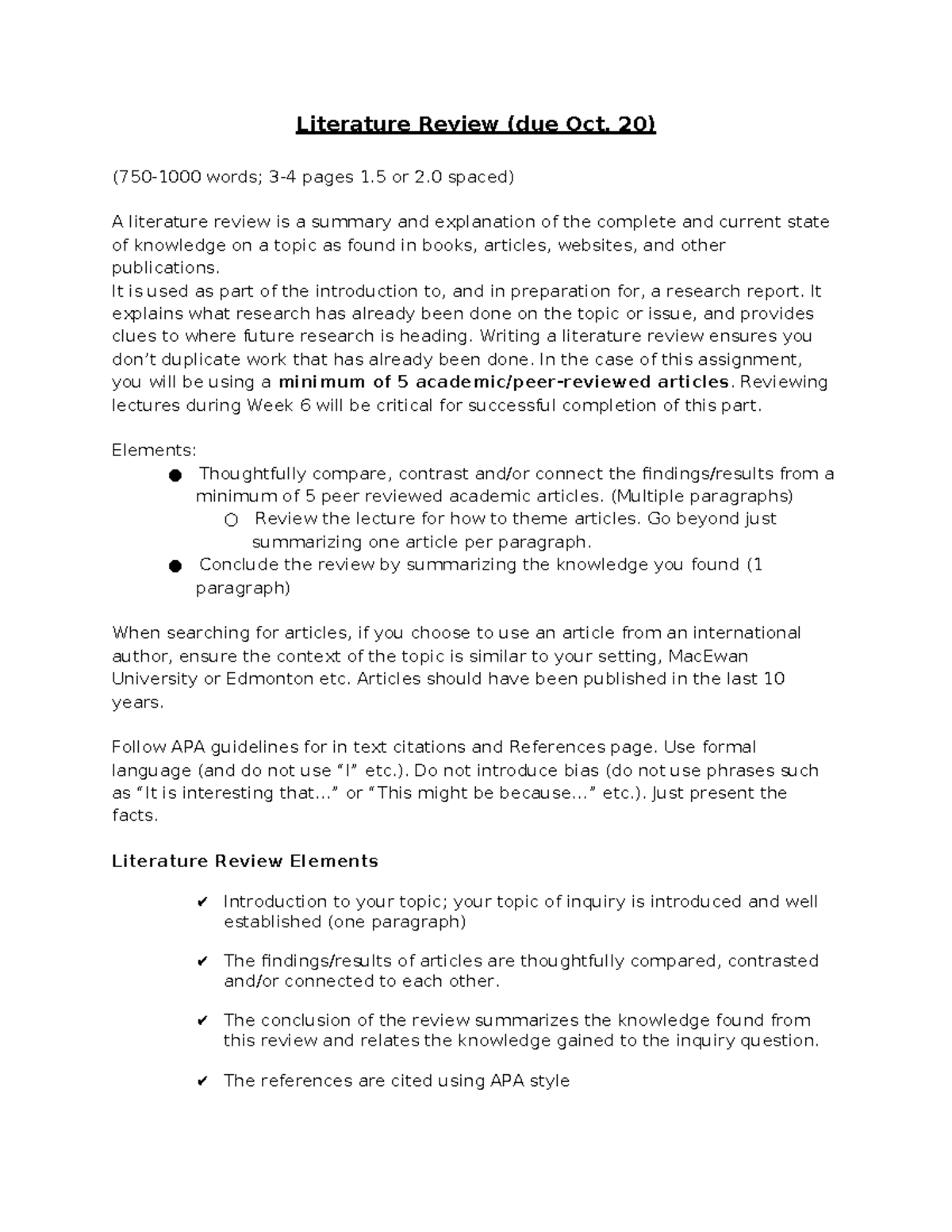 Literature Review (ENG 101) - Guidelines and Key Elements - Studocu