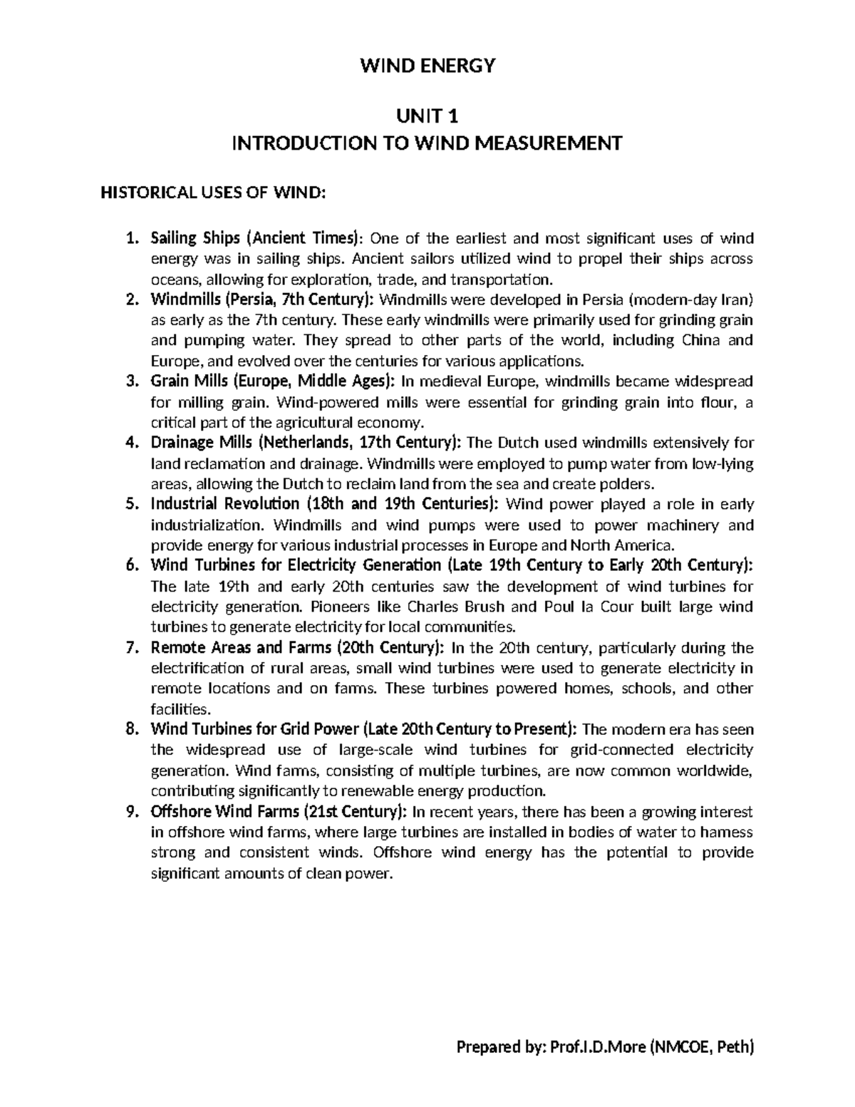 UNIT 1 WE - Introduction to Wind Energy and Historical Developments ...
