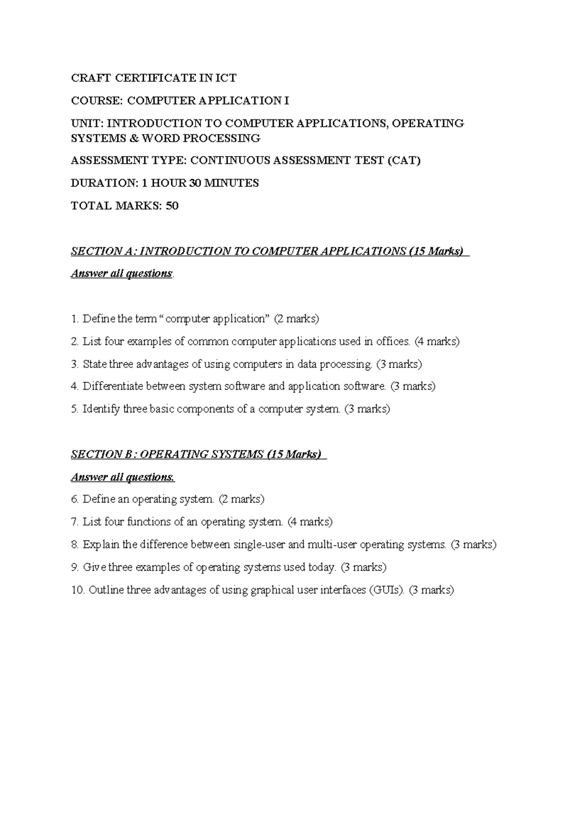 Craft Certificate in ICT: Computer Applications CAT Assessment - Studocu