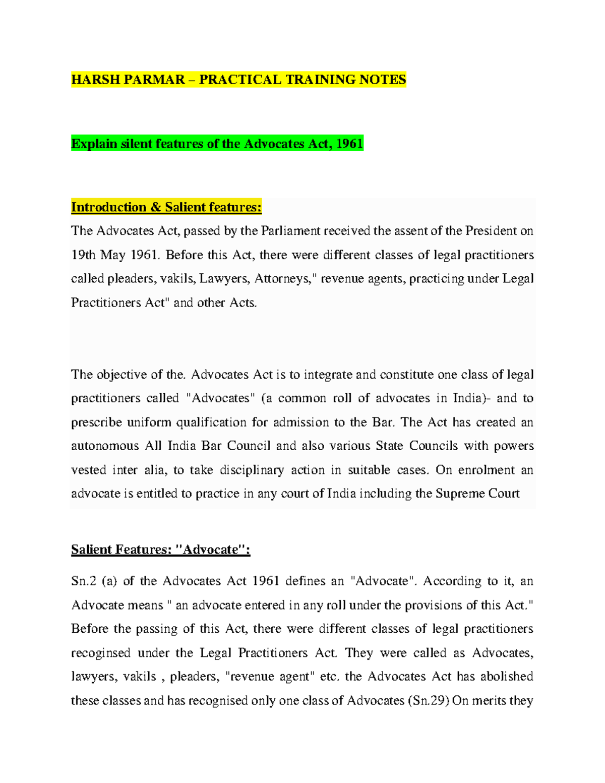 Advocates Act, 1961: Key Features & Practical Training Notes - Studocu