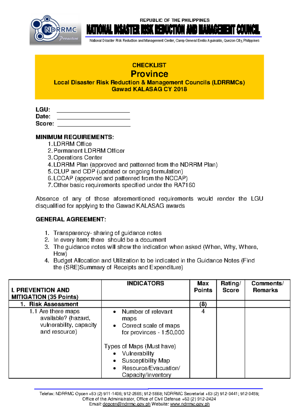 Kalasag Provincial DRRMC Checklist for Local Government Units - Studocu