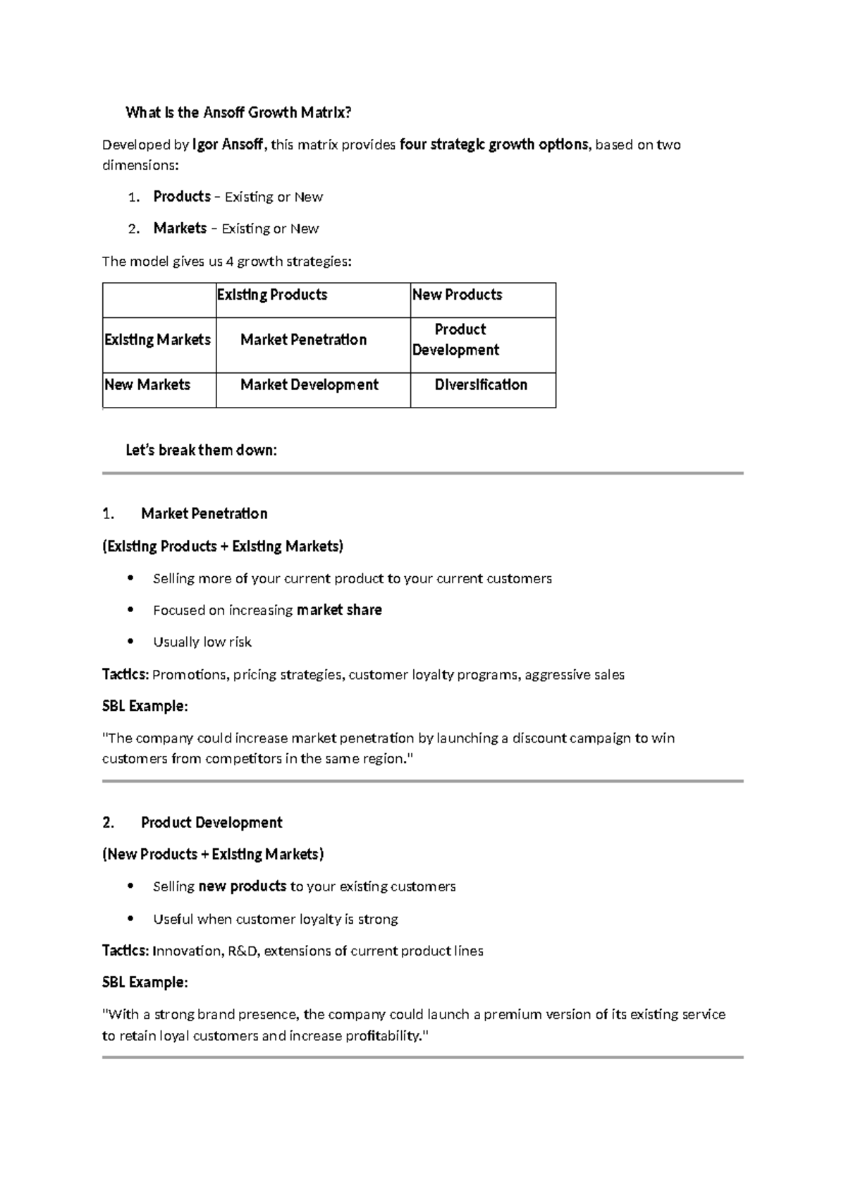 Ansoff Growth Matrix Overview - SBL Exam Strategies - Studocu