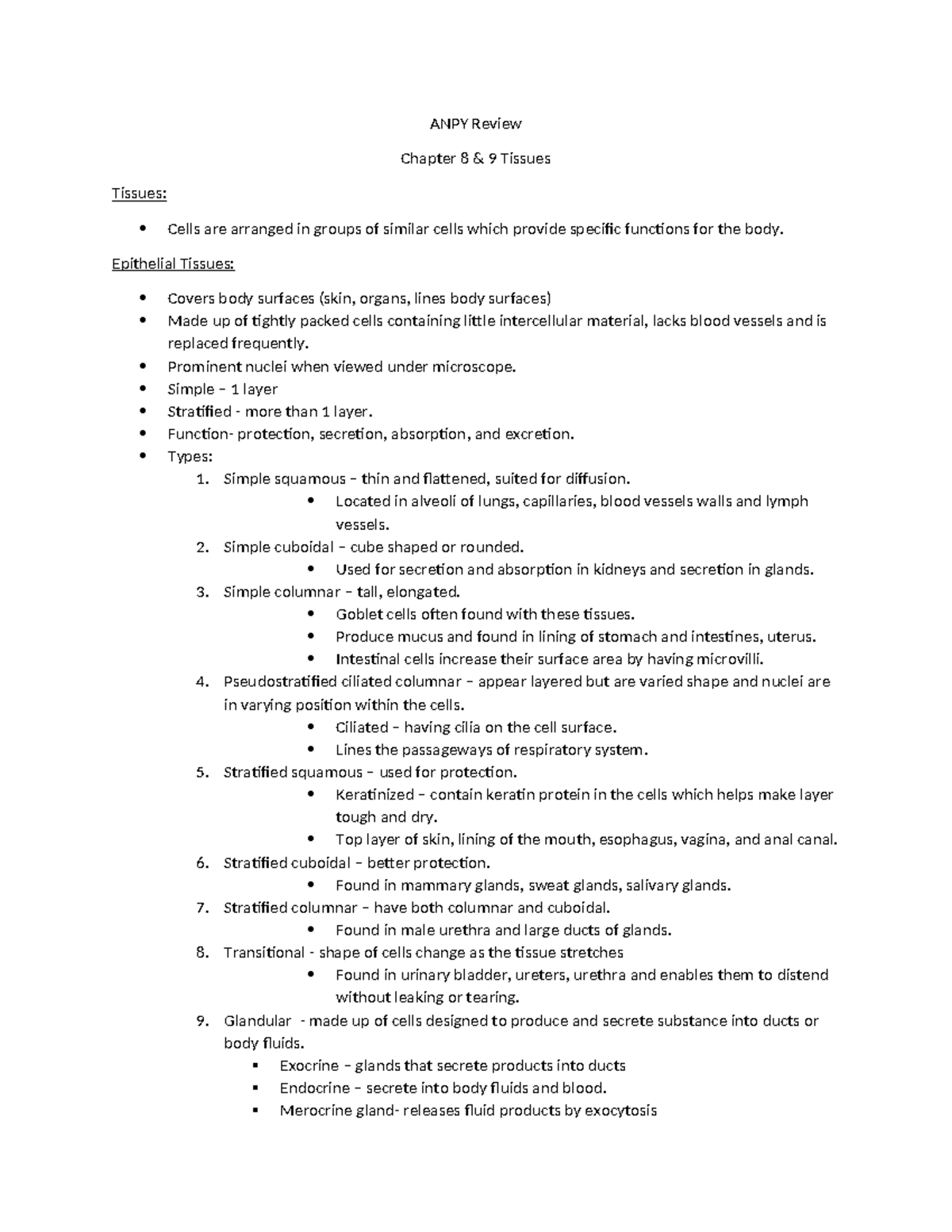 ANPY Ch 8 & 9 Tissue Types Review Notes for Exam Study - Studocu