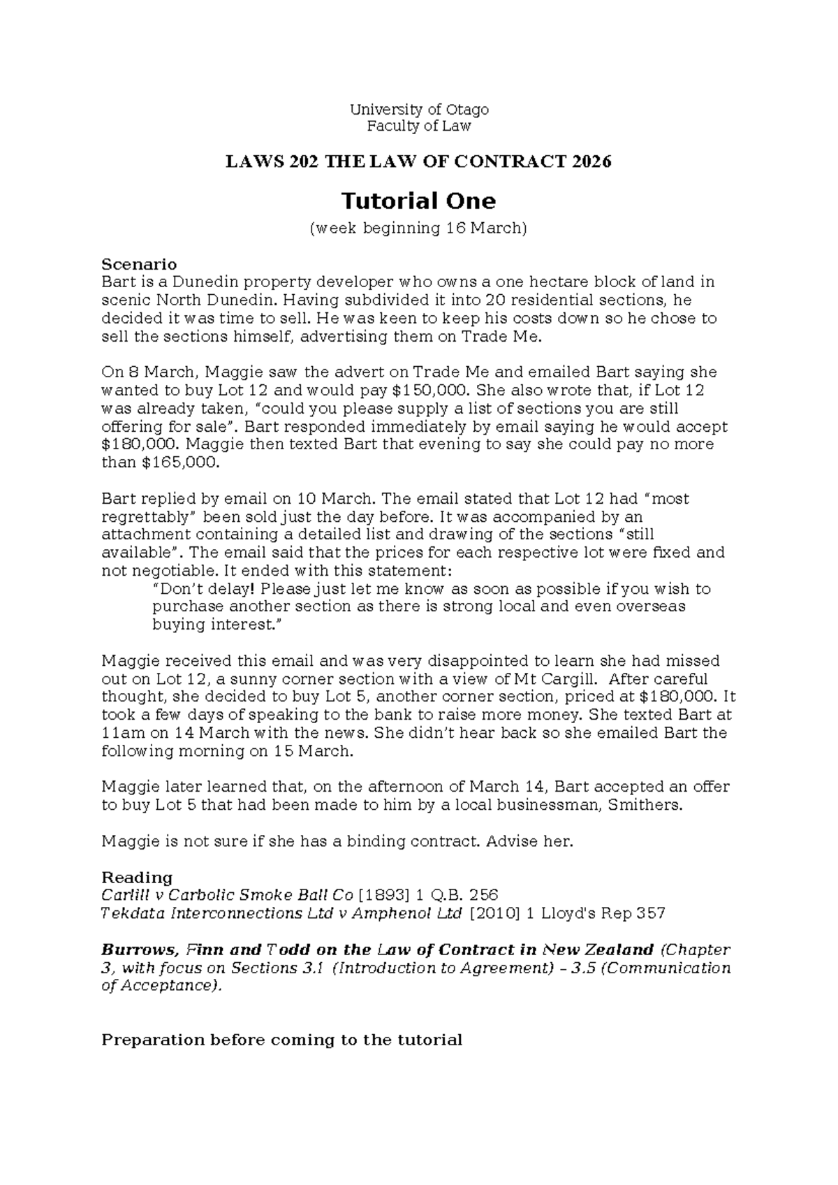 Contract Law Tutorial 1 (LAWS 202) - Scenario Analysis and Advice - Studocu