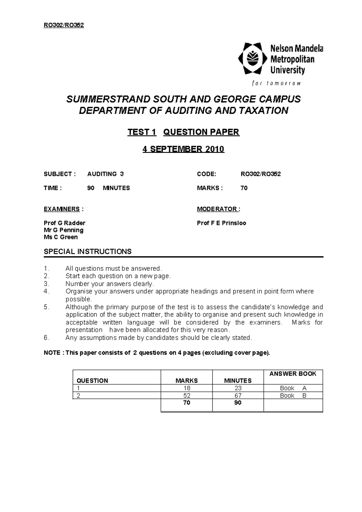 RO302 AUDITING 3 TEST 1 QUESTION PAPER - SEPTEMBER 2010 - Studocu