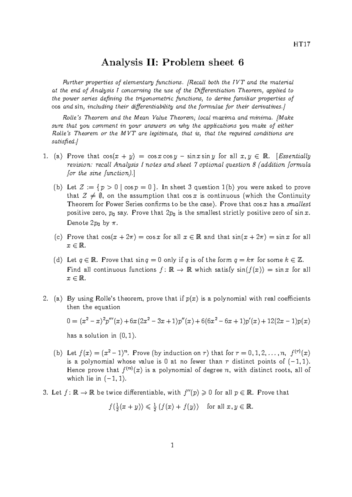 Analysis II Problem Sheet 6: Further Properties of Functions and ...