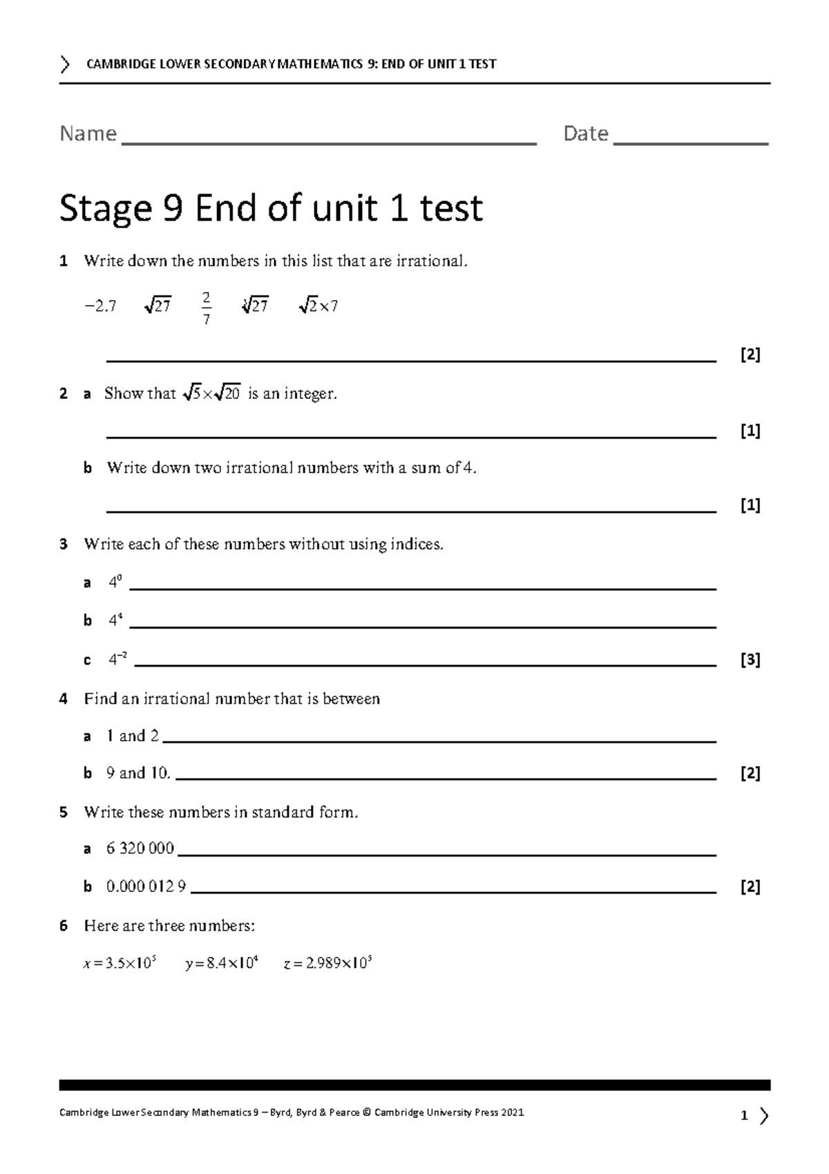CAMBRIDGE LOWER SECONDARY MATHEMATICS 9: END OF UNIT TEST - Studocu