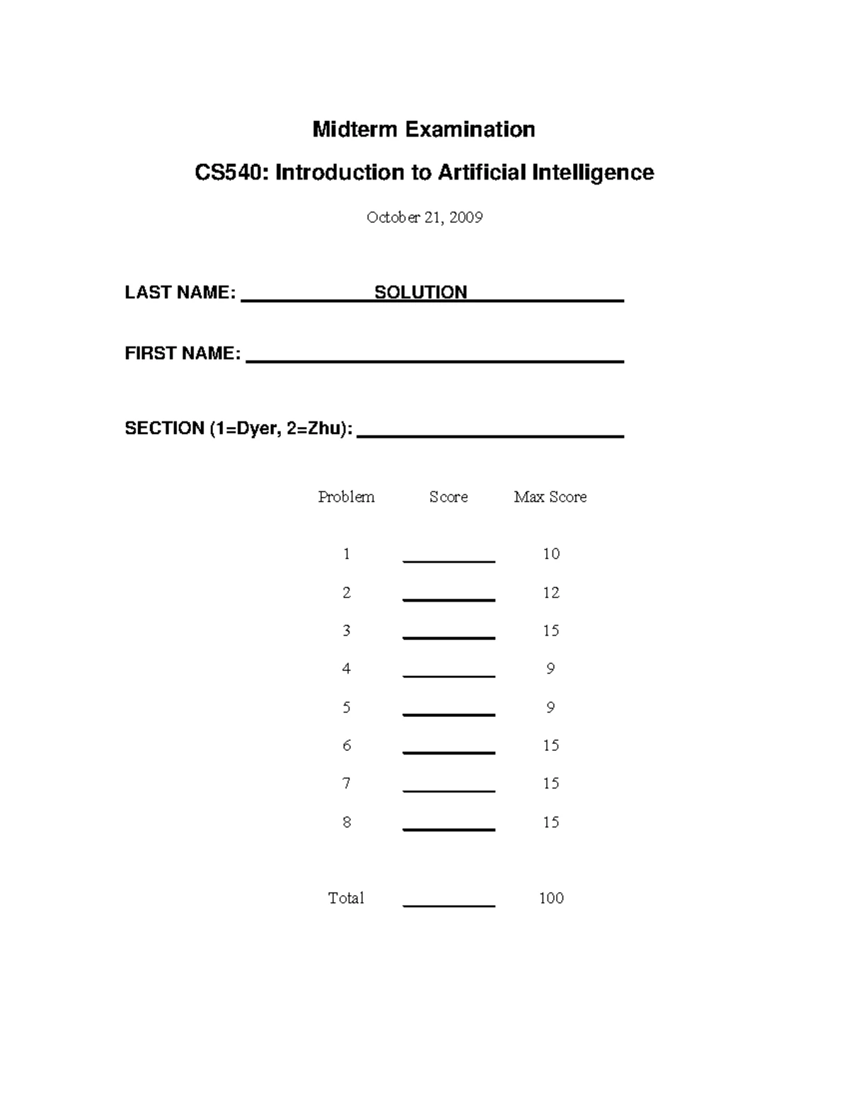 CS540 Midterm Exam Solutions - Practical Examination - Studocu