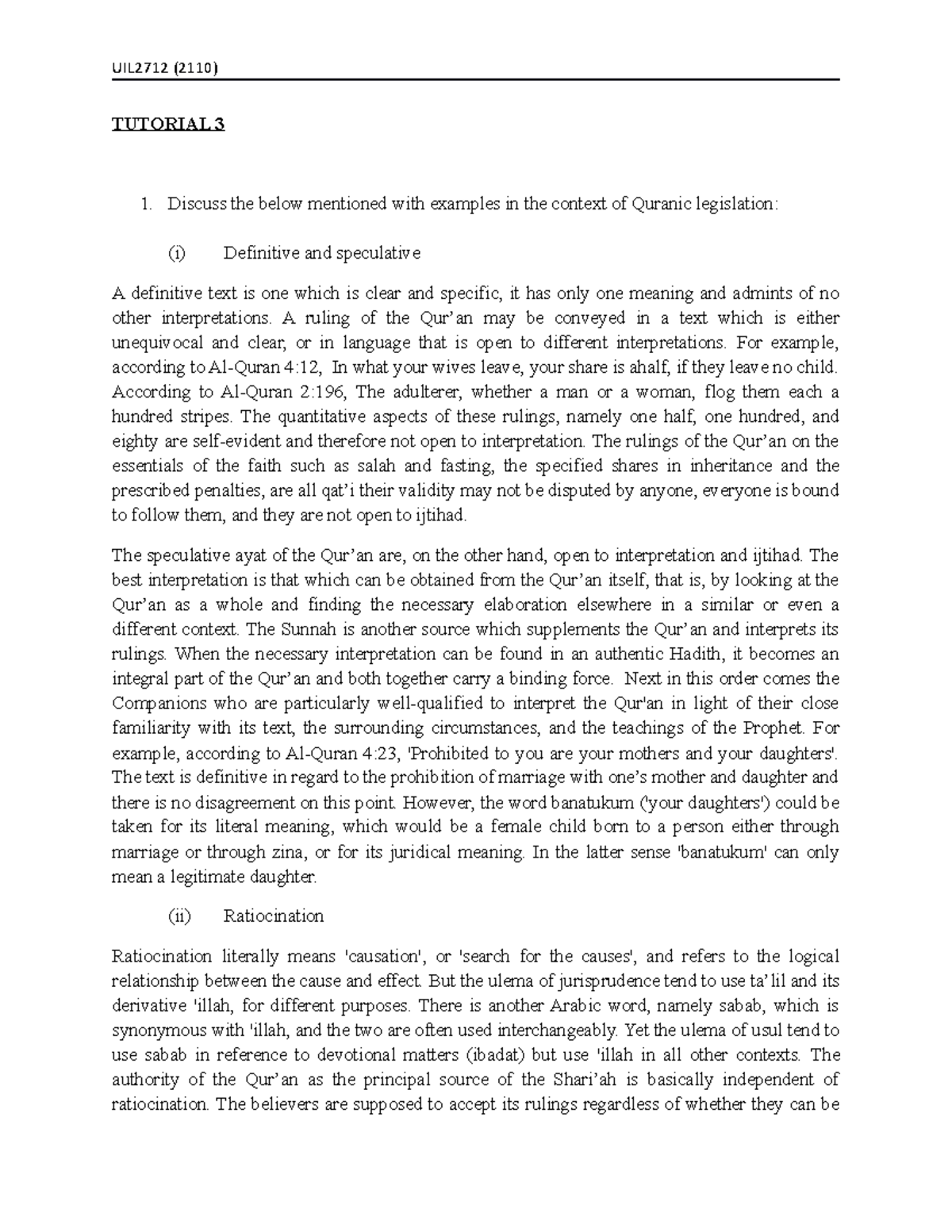 Islamic Law Tutorial 3 Quran Uil2712 2110 Tutorial 3 Discuss The