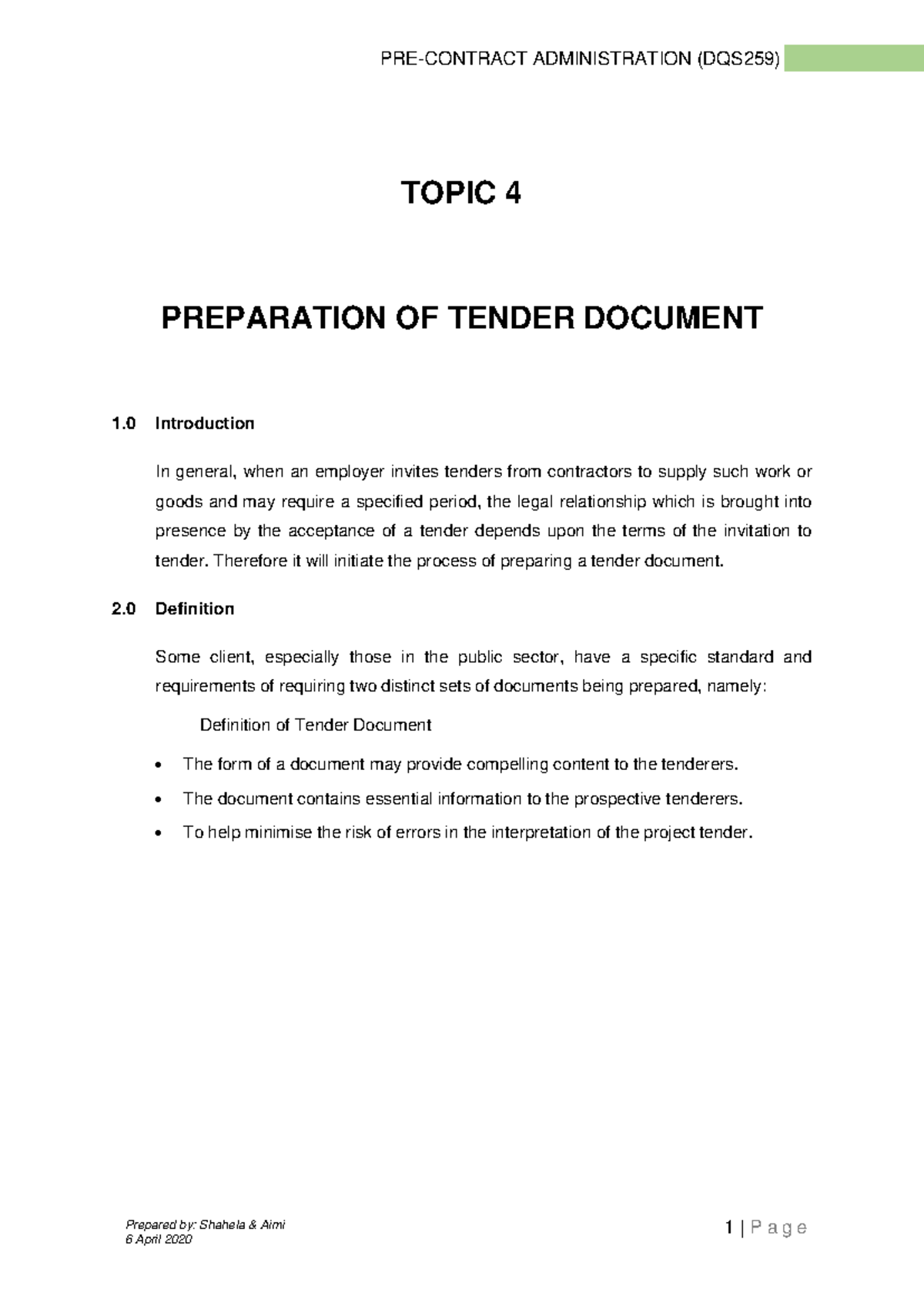 Topic 4 Tender Document - 1 | P a g e Prepared by: Shahela & Aimi TOPIC ...