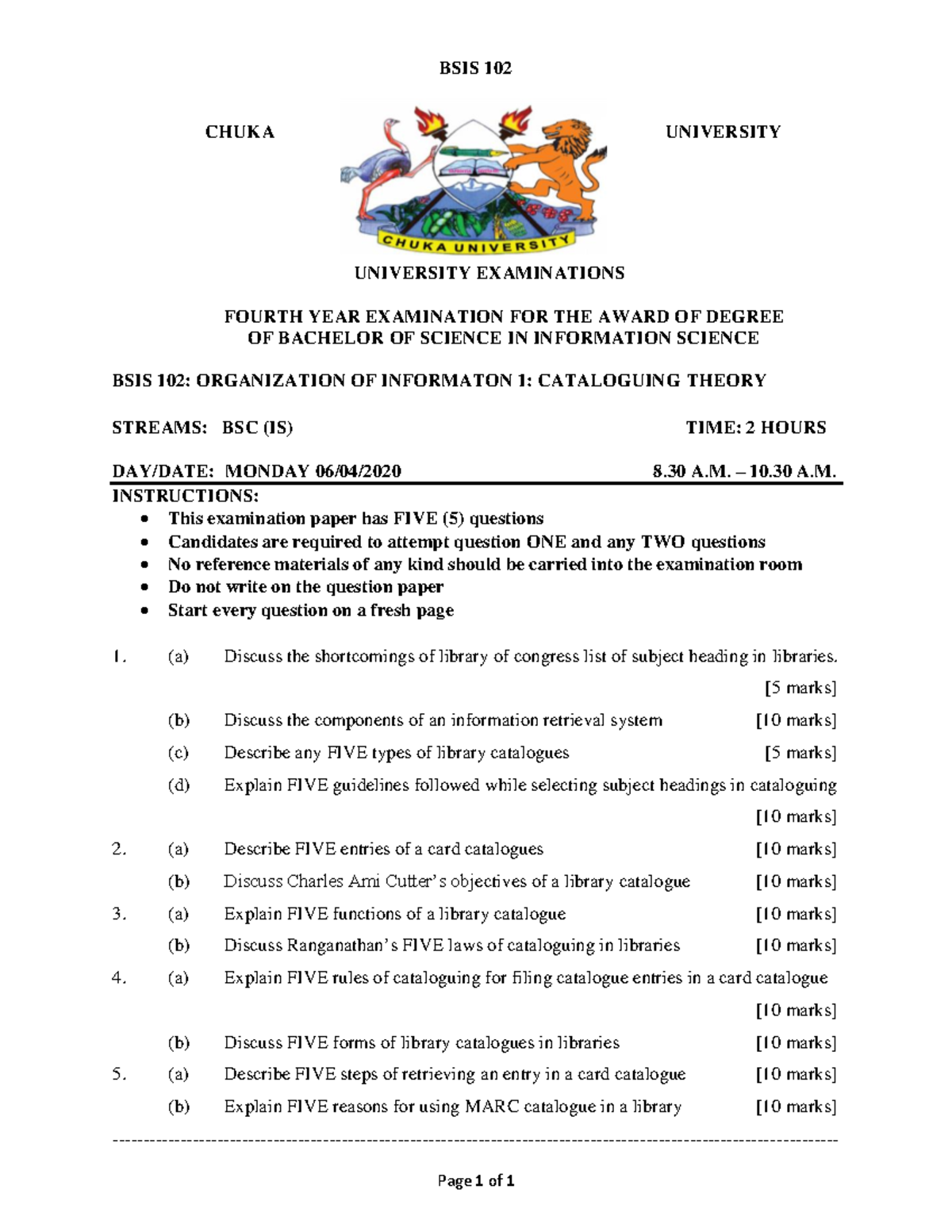 BSIS 102 Final Exam: Cataloguing Theory and Information Retrieval - Studocu