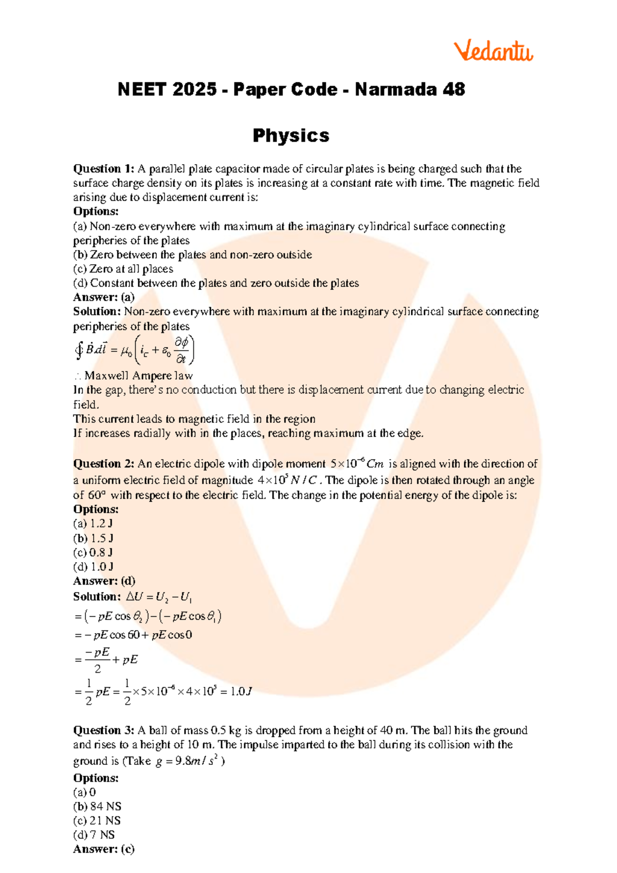 NEET 2025 Physics Paper Code Narmada 48: Key Questions & Solutions ...