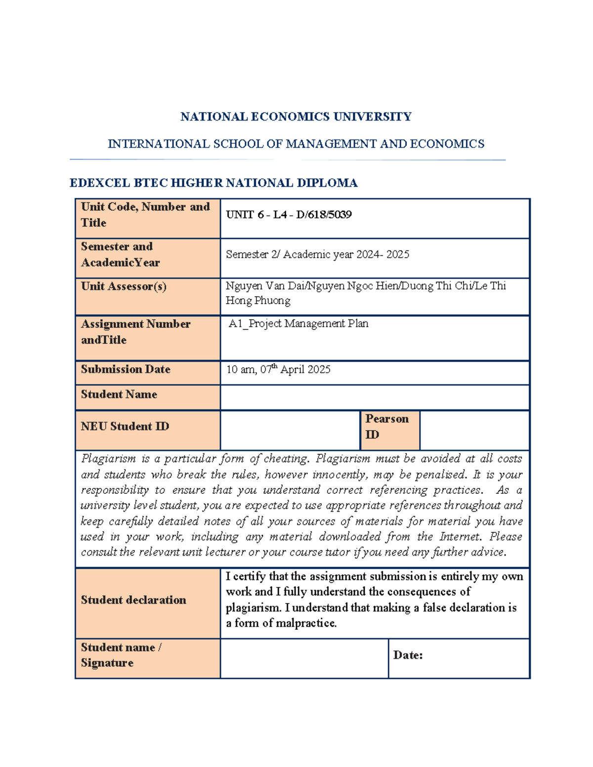 Assignment 1: Project Management Plan Template for Unit 6 - L4 - D/618 ...