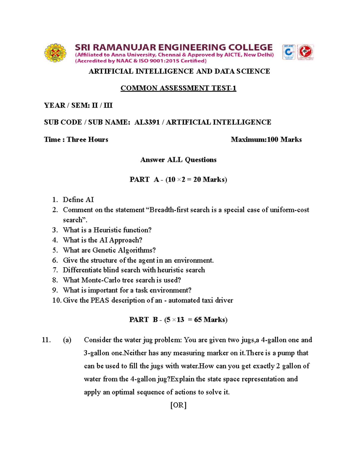 Common Assessment Test 1 - AI & Data Science (AL3391) - Year II, Sem II ...