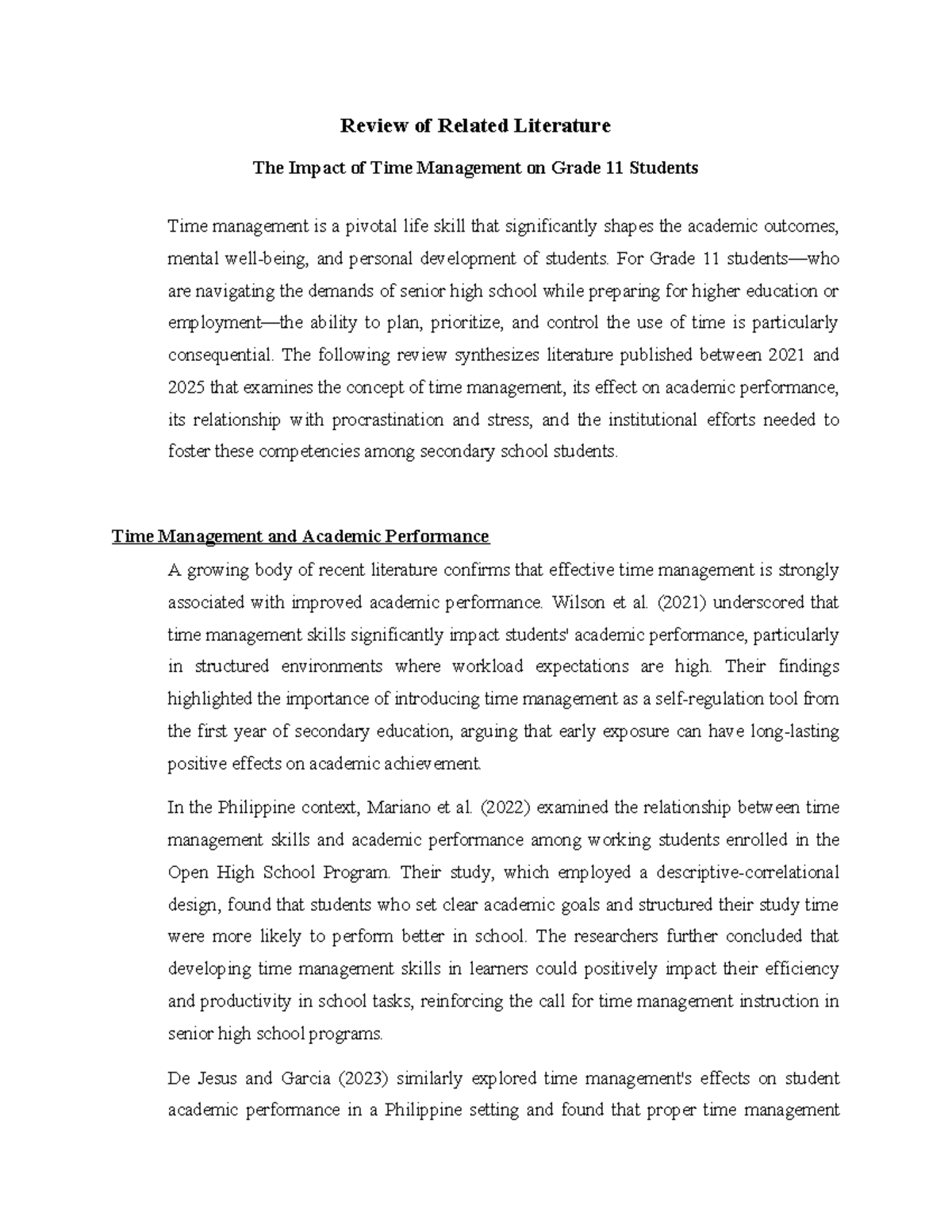 RRL on Time Management Impact for Grade 11 Students (2021-2025) - Studocu