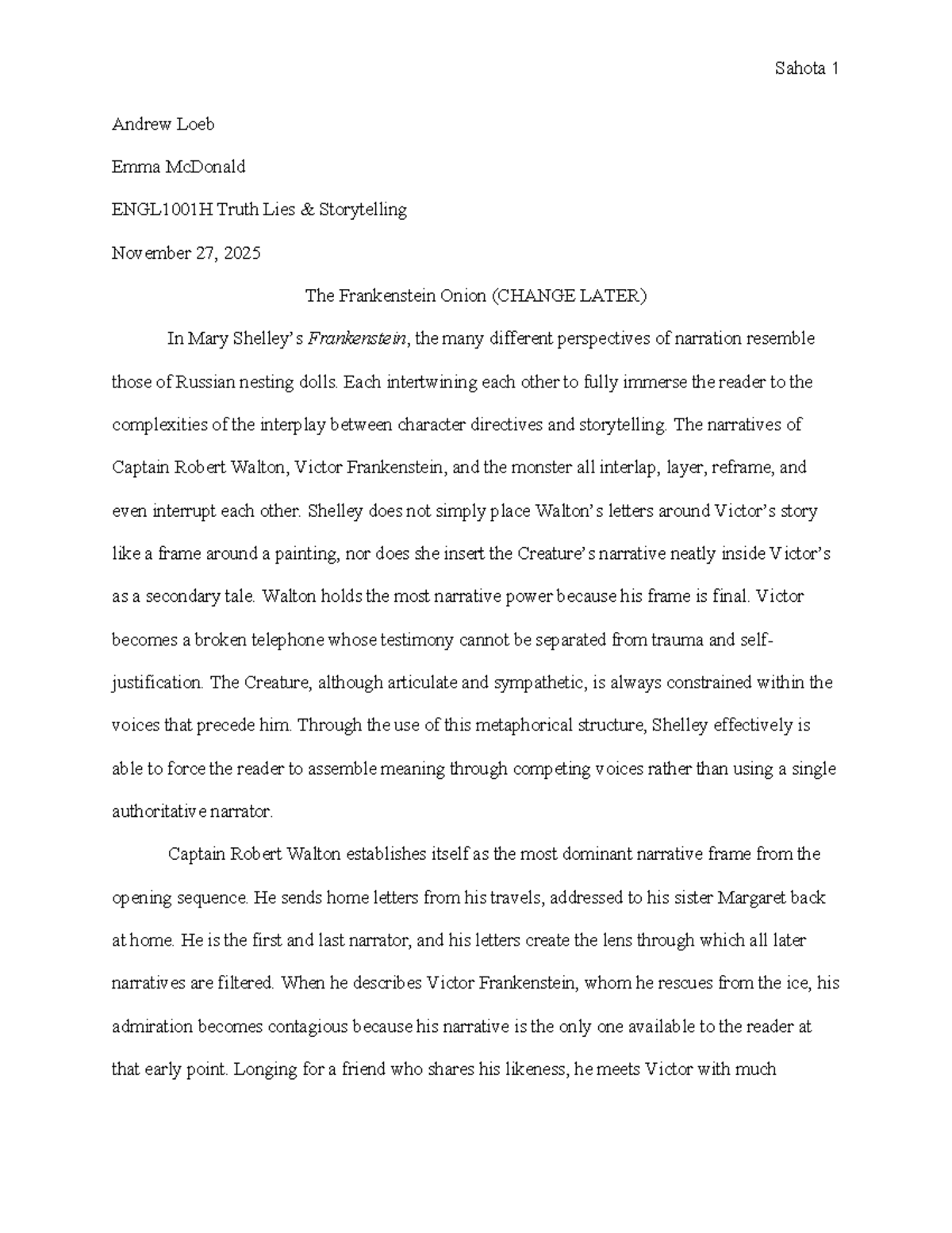 ENGL1001H Essay 2: The Nested Narratives in Frankenstein - Studocu