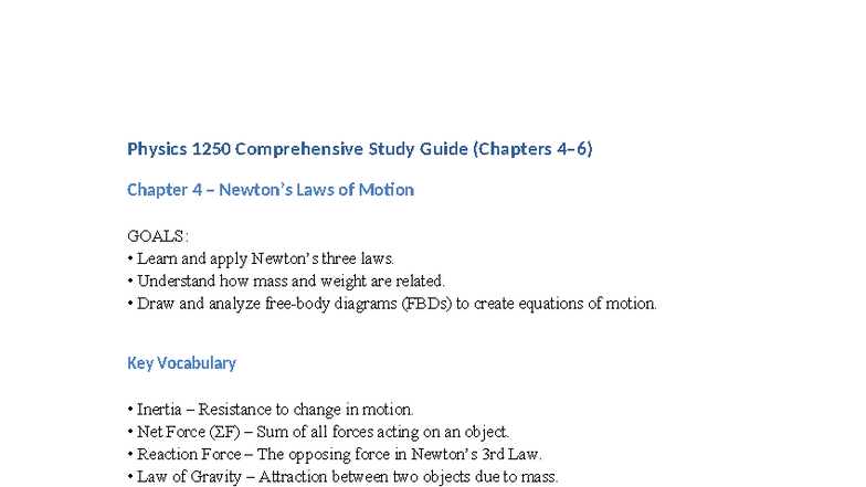 Physics 1250 Comprehensive Study Guide: Chapters 4-6 Laws of Motion ...