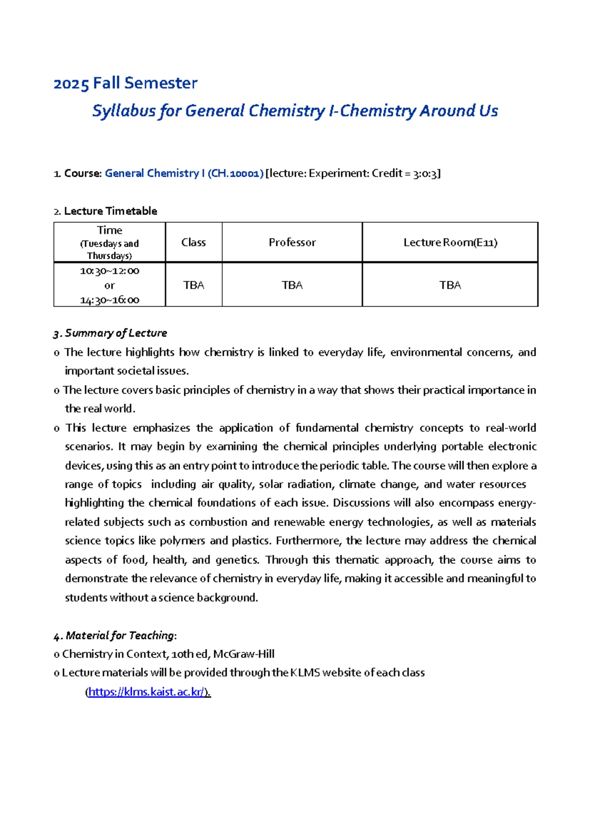 2025 Fall CH10001 General Chemistry I Syllabus (Class A C) - Studocu