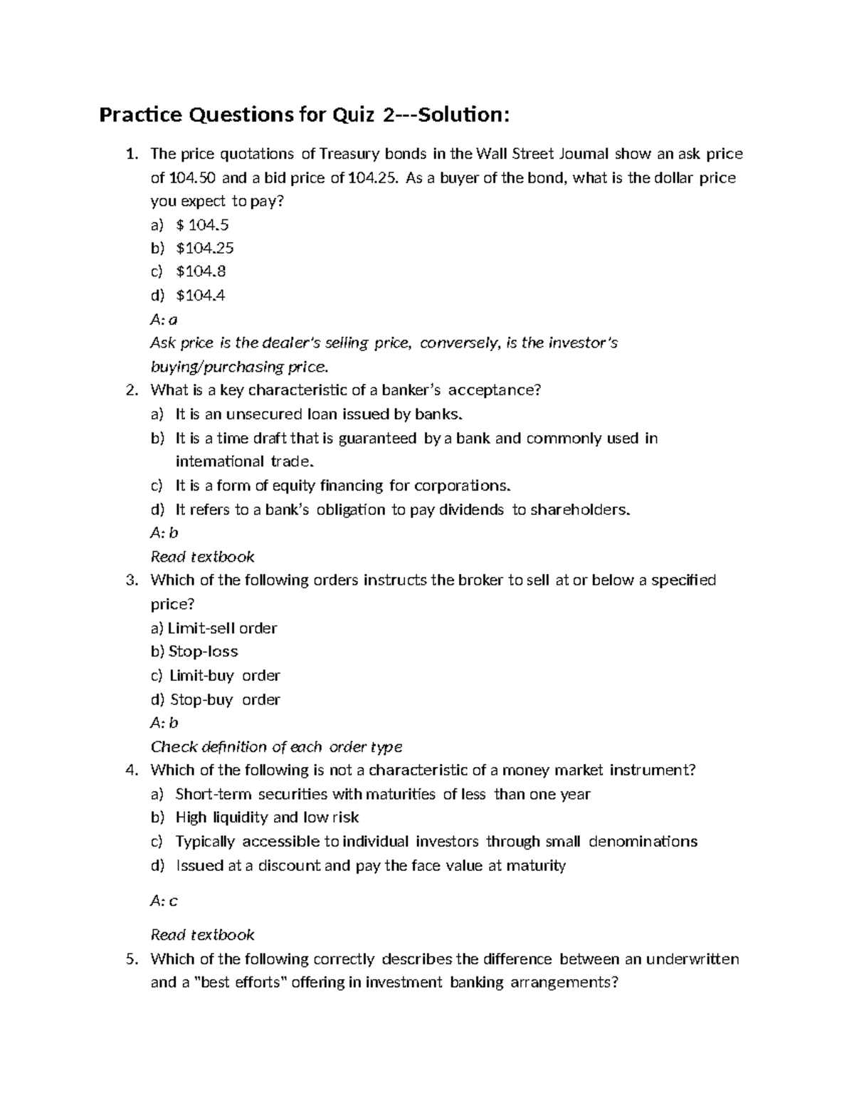 Practice Questions Set 1 Solutions for Quiz 1 - Studocu