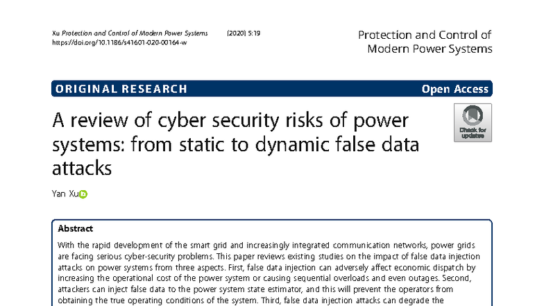 A Review of Cyber Security Risks in Power Systems (2020) - Studocu