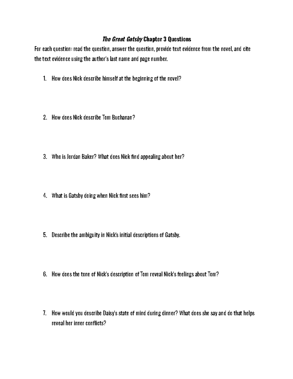 The Great Gatsby Chapter 3 Qs Analysis and Text Evidence - Studocu