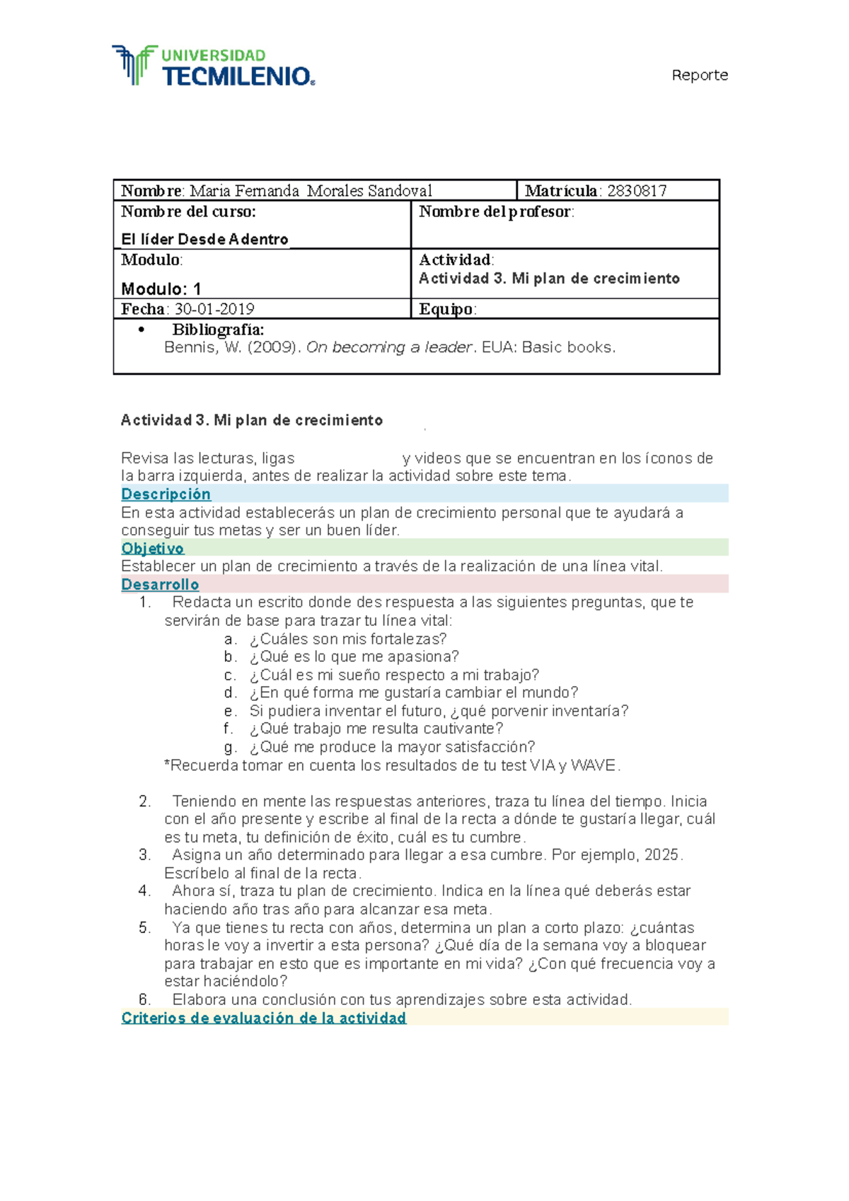 Actividad 3 - Plan de Crecimiento Personal y Liderazgo - Studocu