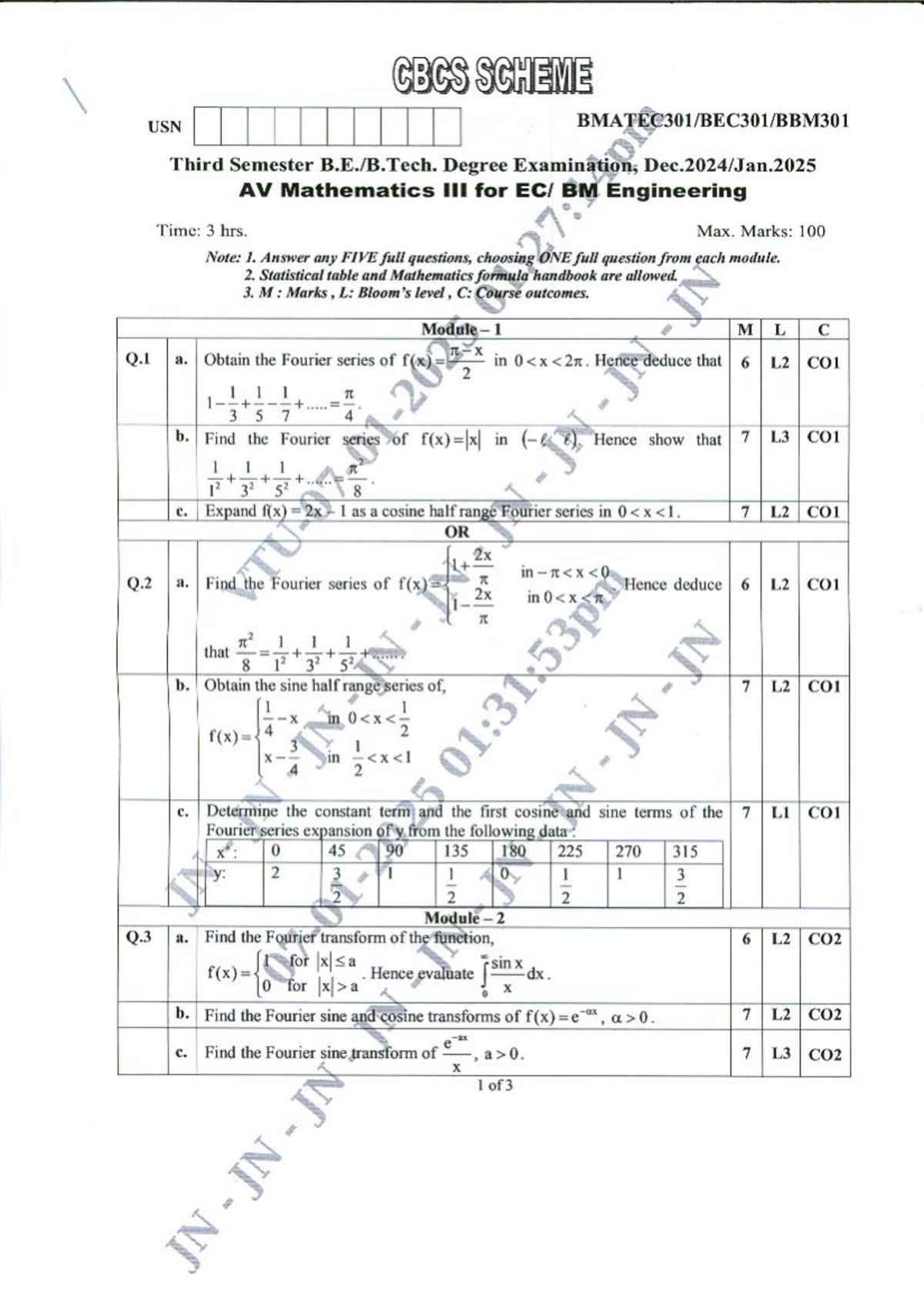 Bmatec 301 - Final Exam: Fourier Series & Transforms in AV Mathematics ...