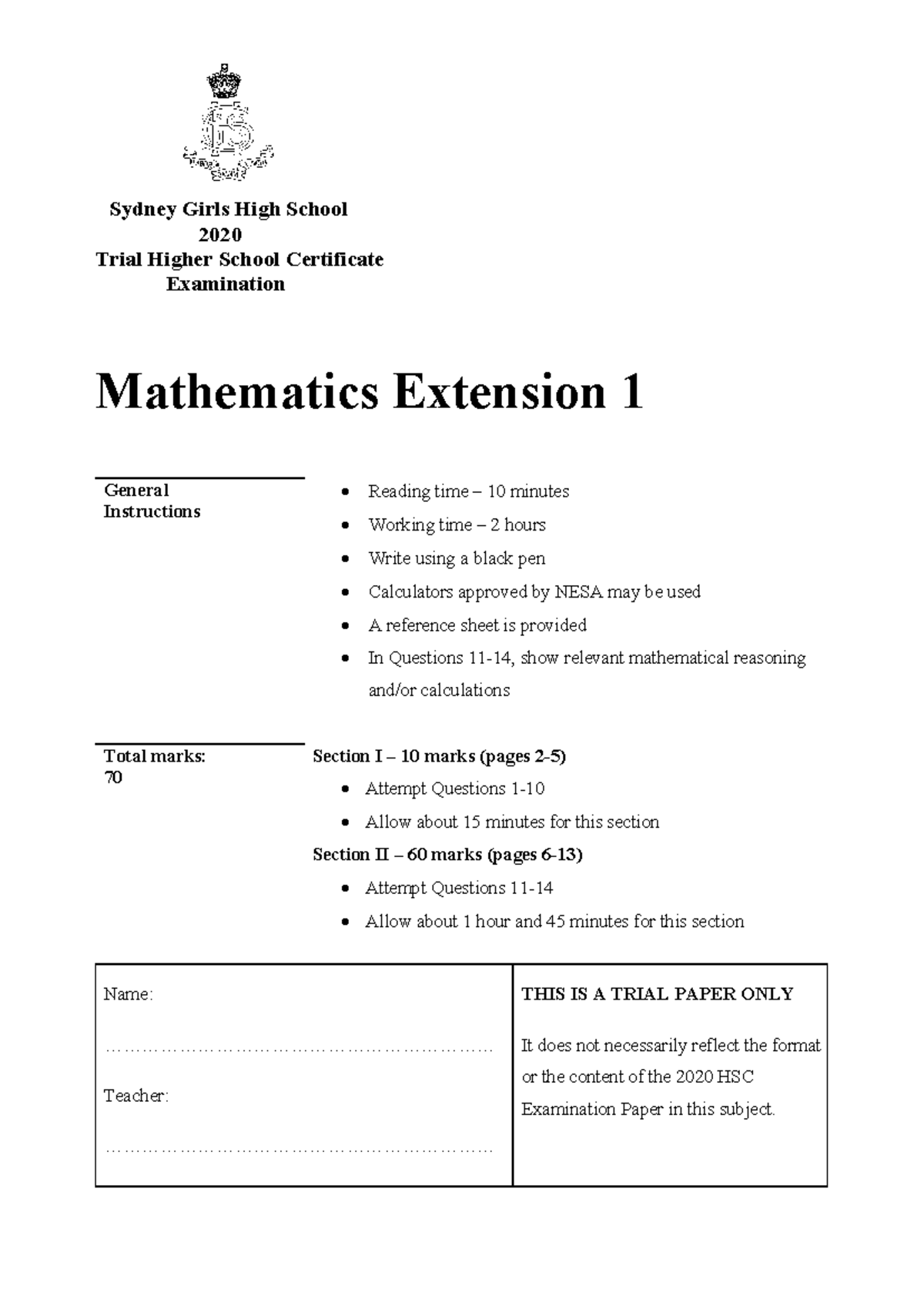 Sydney Girls High School 2020 Trial HSC Mathematics Extension 1 Exam ...