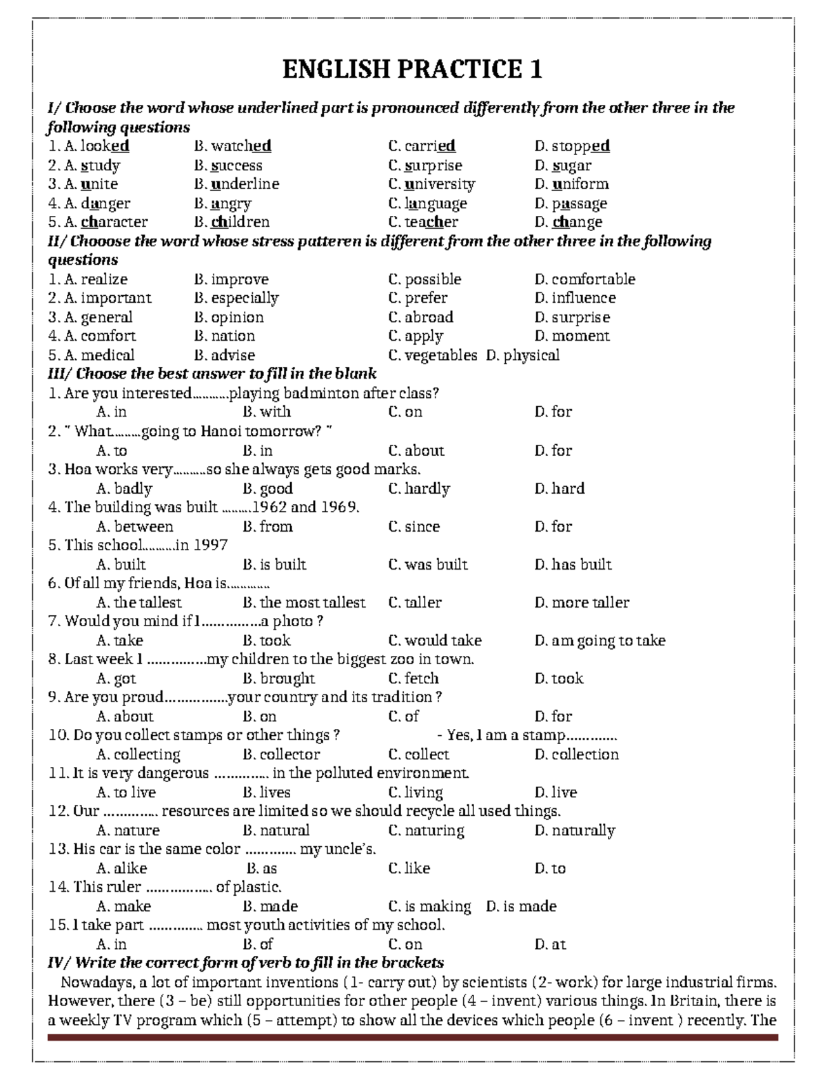 ENGLISH PRACTICE 1: Pronunciation, Stress, and Grammar Exercises - Studocu