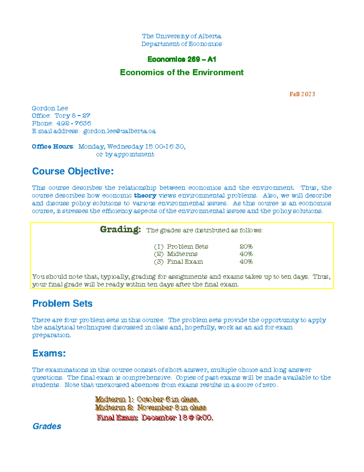 Economics 269: Course Outline for Environmental Economics - Fall 2023 ...