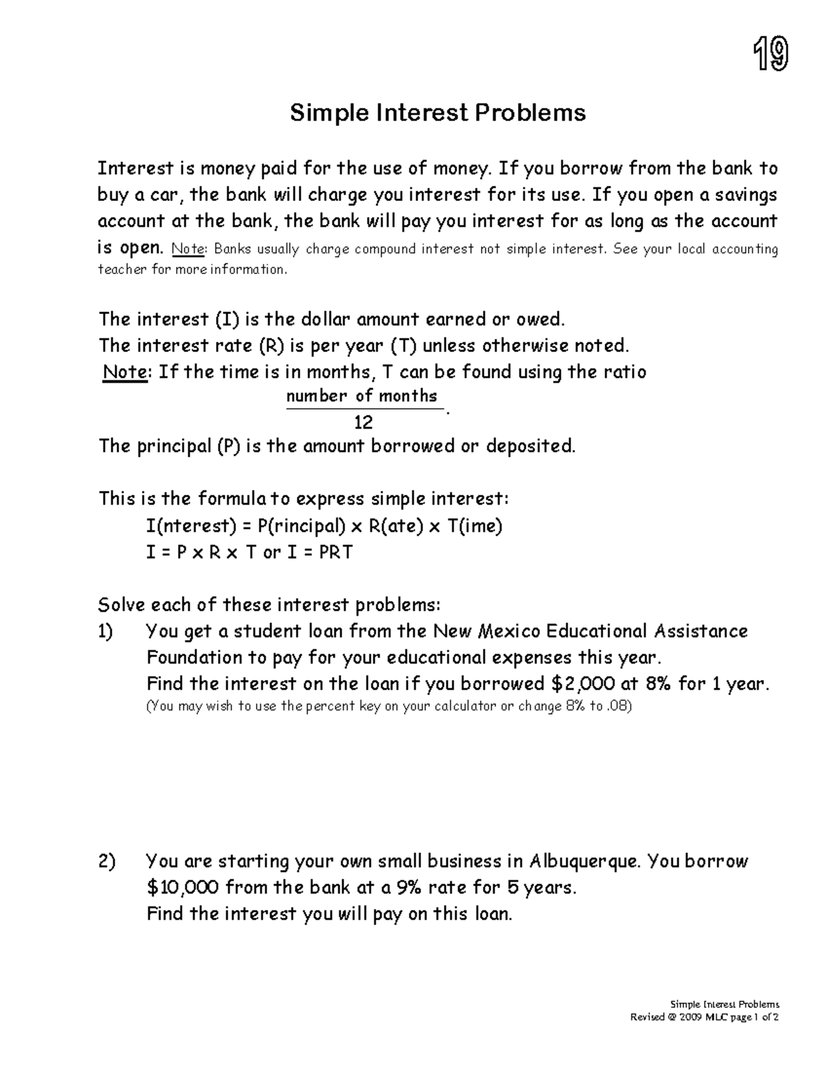 9 Math 550 Simple Interest Problems - Revised @ 2009 MLC page 1 of ...