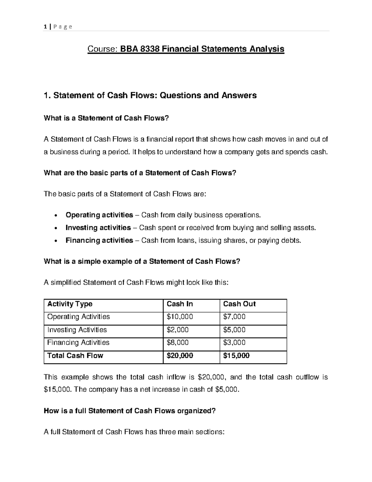 BBA 8338 Financial Statements Analysis: Cash Flow & Ratios Guide - Studocu