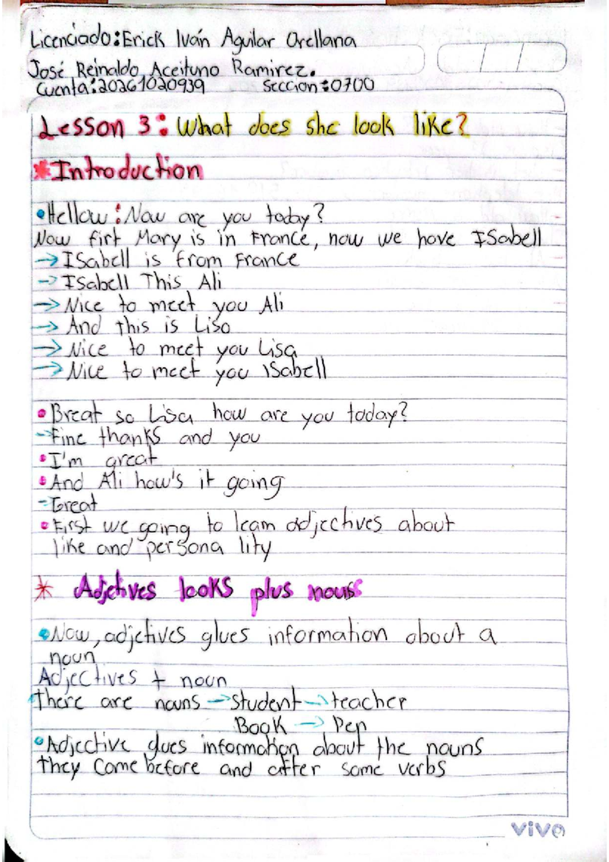Actividad 10: Lesson 3 - Describing People and Adjectives - Studocu