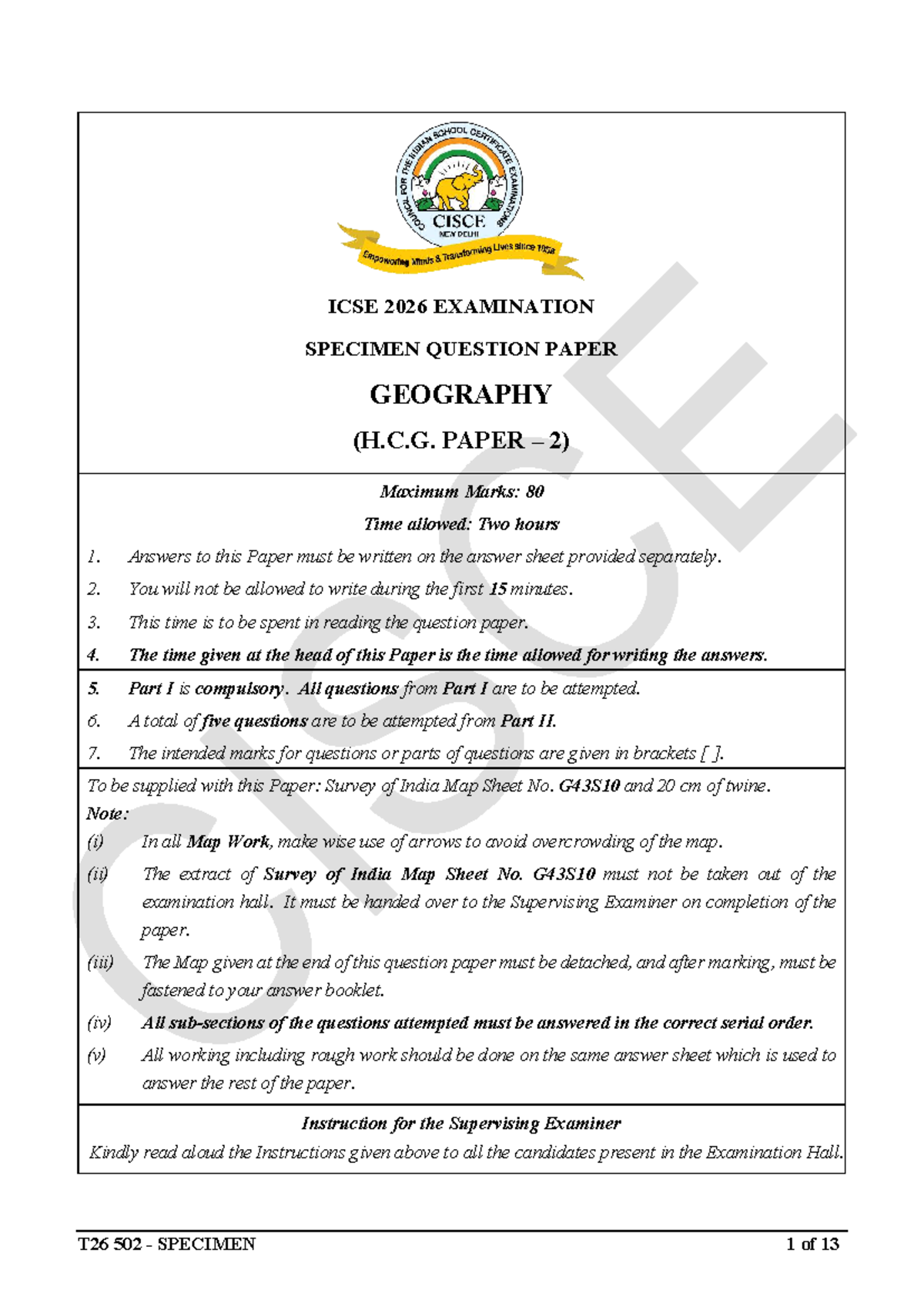 ICSE 2026 GEOGRAPHY (H.C.G. PAPER 2) SPECIMEN QUESTION PAPER - Studocu
