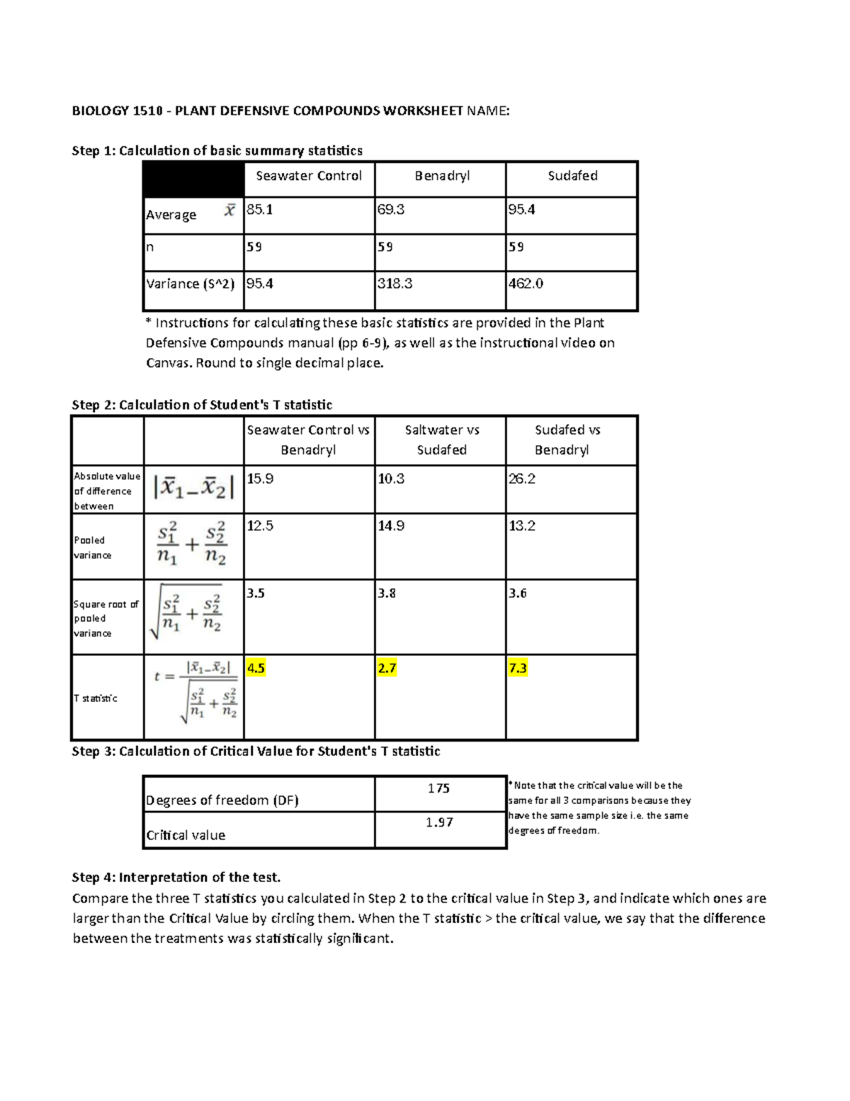BIOLOGY 1510 Plant Defenses Stats Worksheet W2024-1 - Studocu