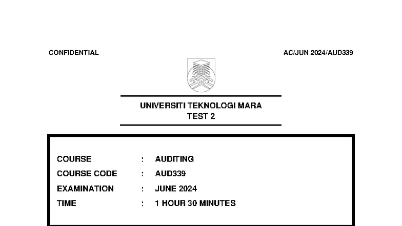 AUD339 TEST 2 JUNE 2024 - AUDITING EXAMINATION PAPER - Studocu