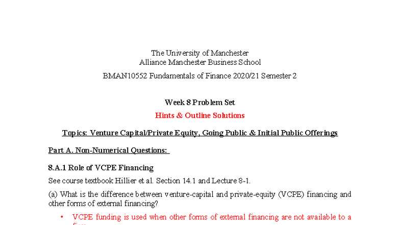 BMAN10552 Semester 2 Week 8 Finance Problem Set Hints & Solutions - Studocu
