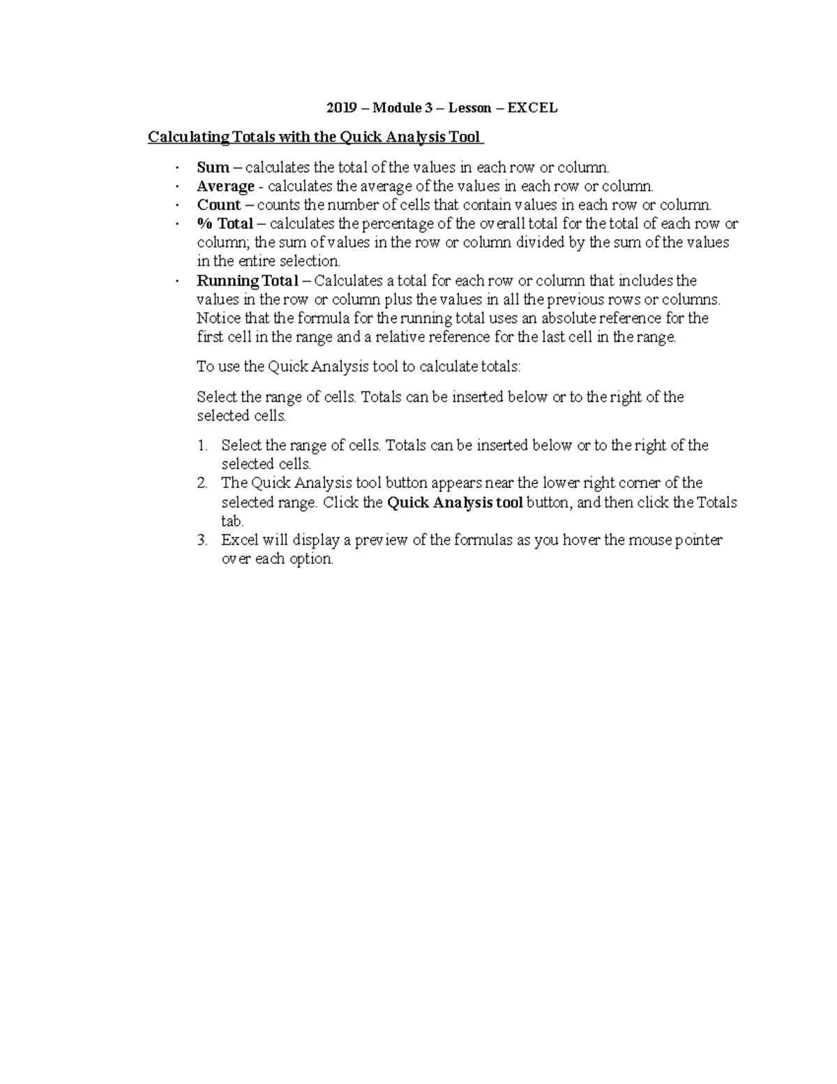 2019 excel module three - 2019 – Module 3 – Lesson – EXCEL Calculating ...