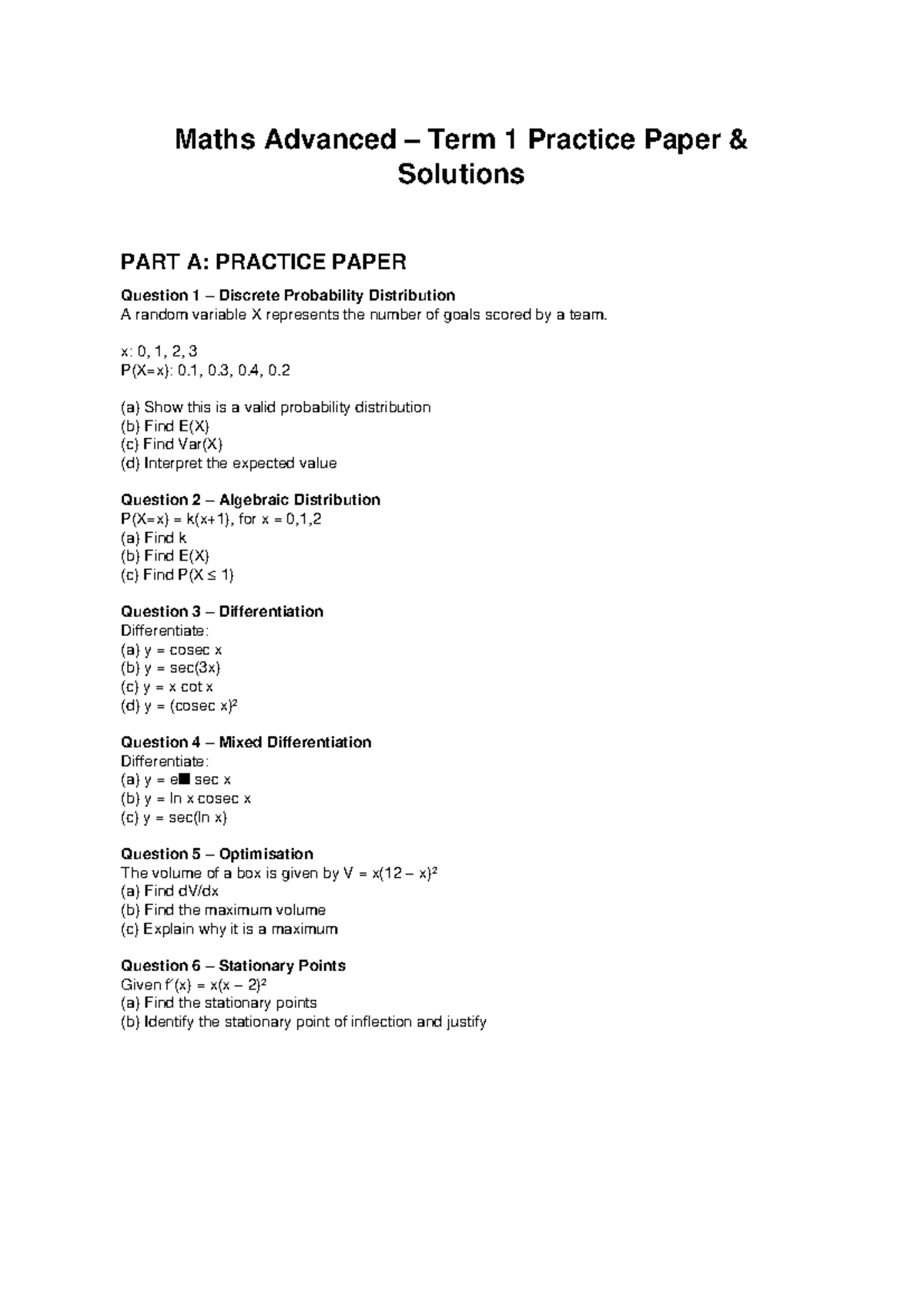 Maths Advanced Term 1 Practice Paper Solutions: Key Concepts & Methods ...