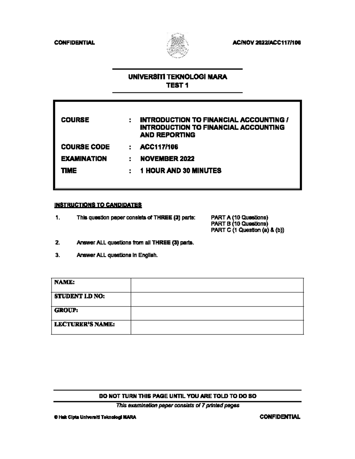 ACC 101 Test 1: Introduction to Financial Accounting - Nov 2022 - Studocu