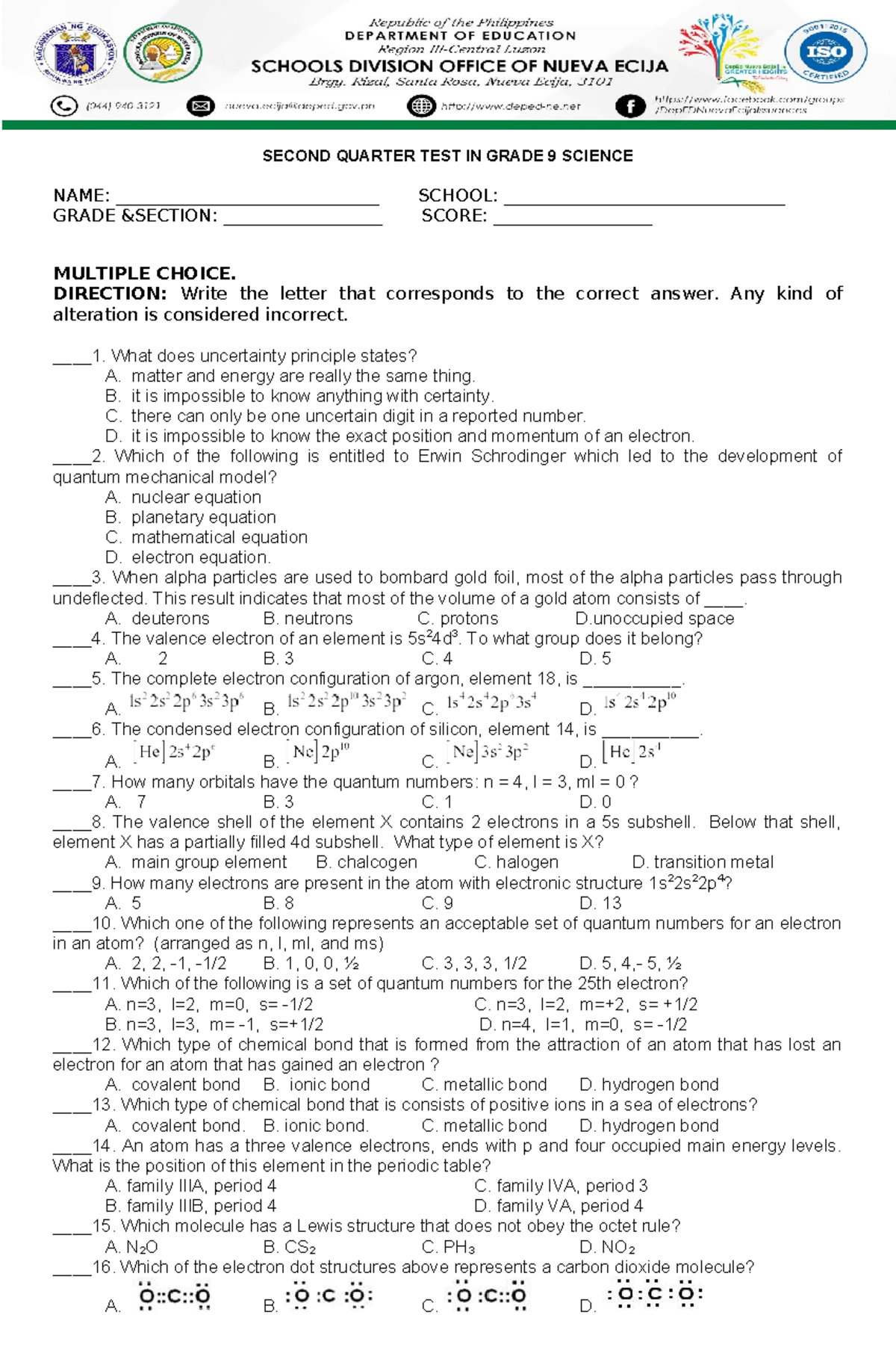 DTC PT Science 9 Q2 Test with Answer Key - Studocu