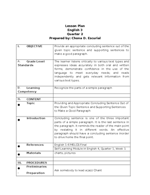 English 3 Lesson Plan: Writing a Simple Paragraph (Quarter 2) - Studocu