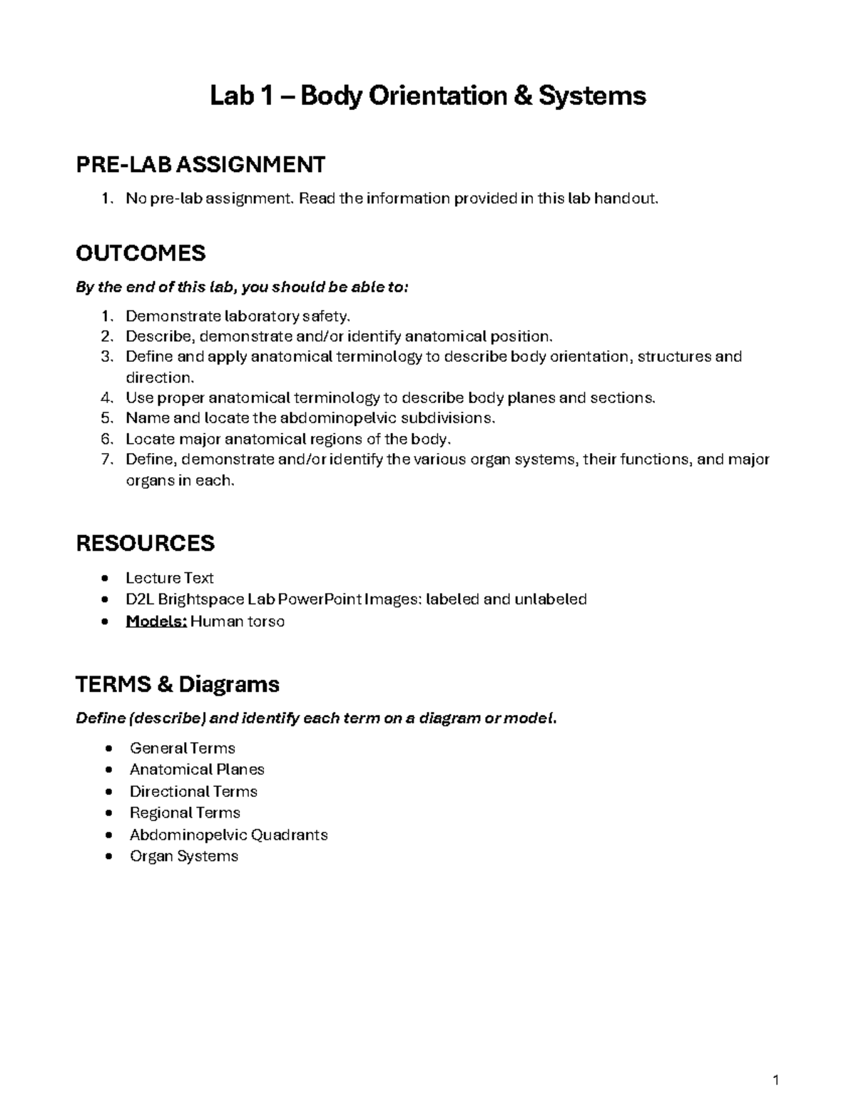 Lab 1 - Body Orientation & Organ Systems: Pre-Lab Assignment - Studocu