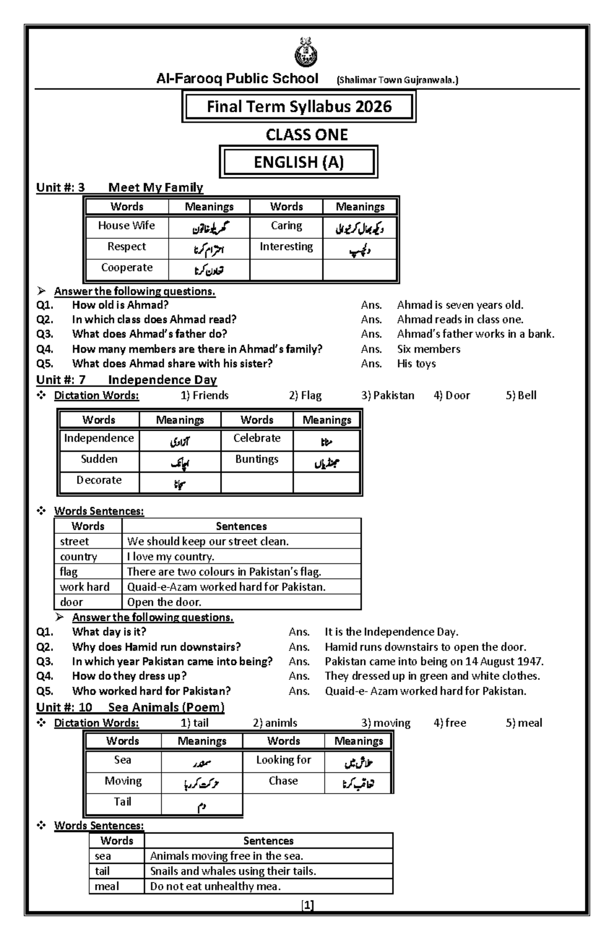 CLASS ONE ENGLISH (A) & (B) Final Term Syllabus 2026 - Studocu