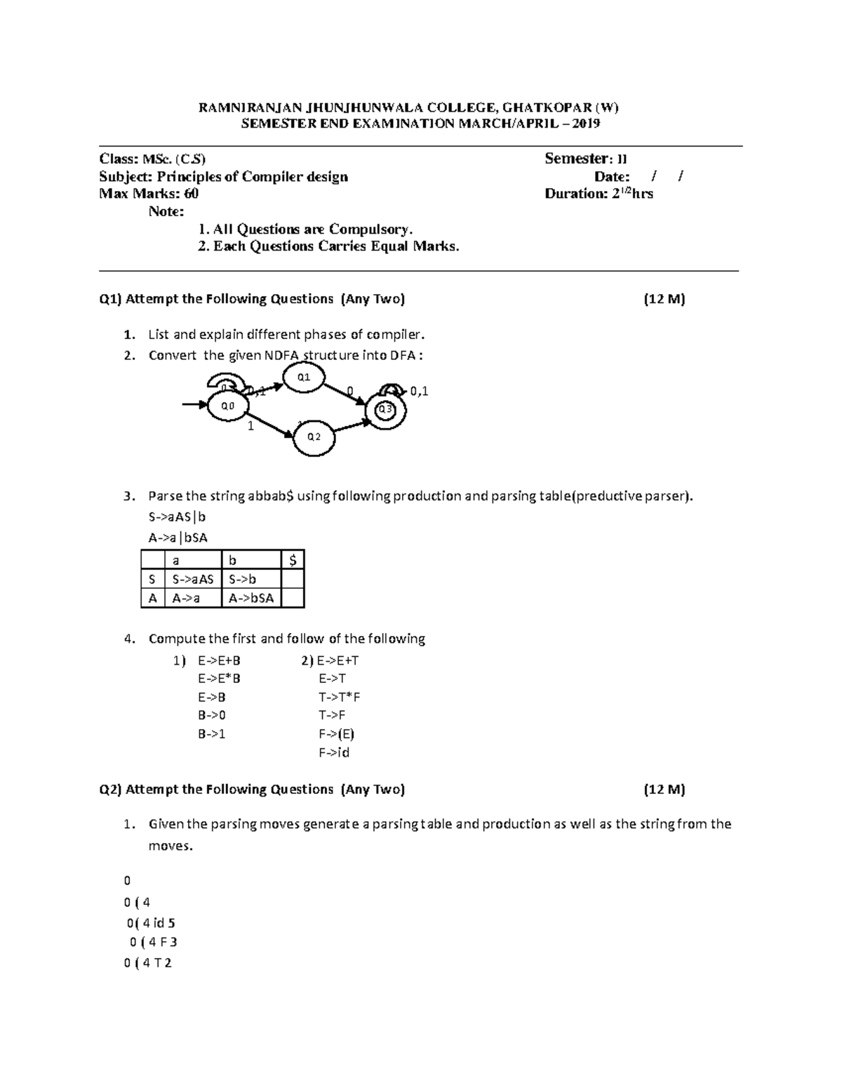Compiler Design Principles - Past Papers (MSc. II Semester) - Studocu