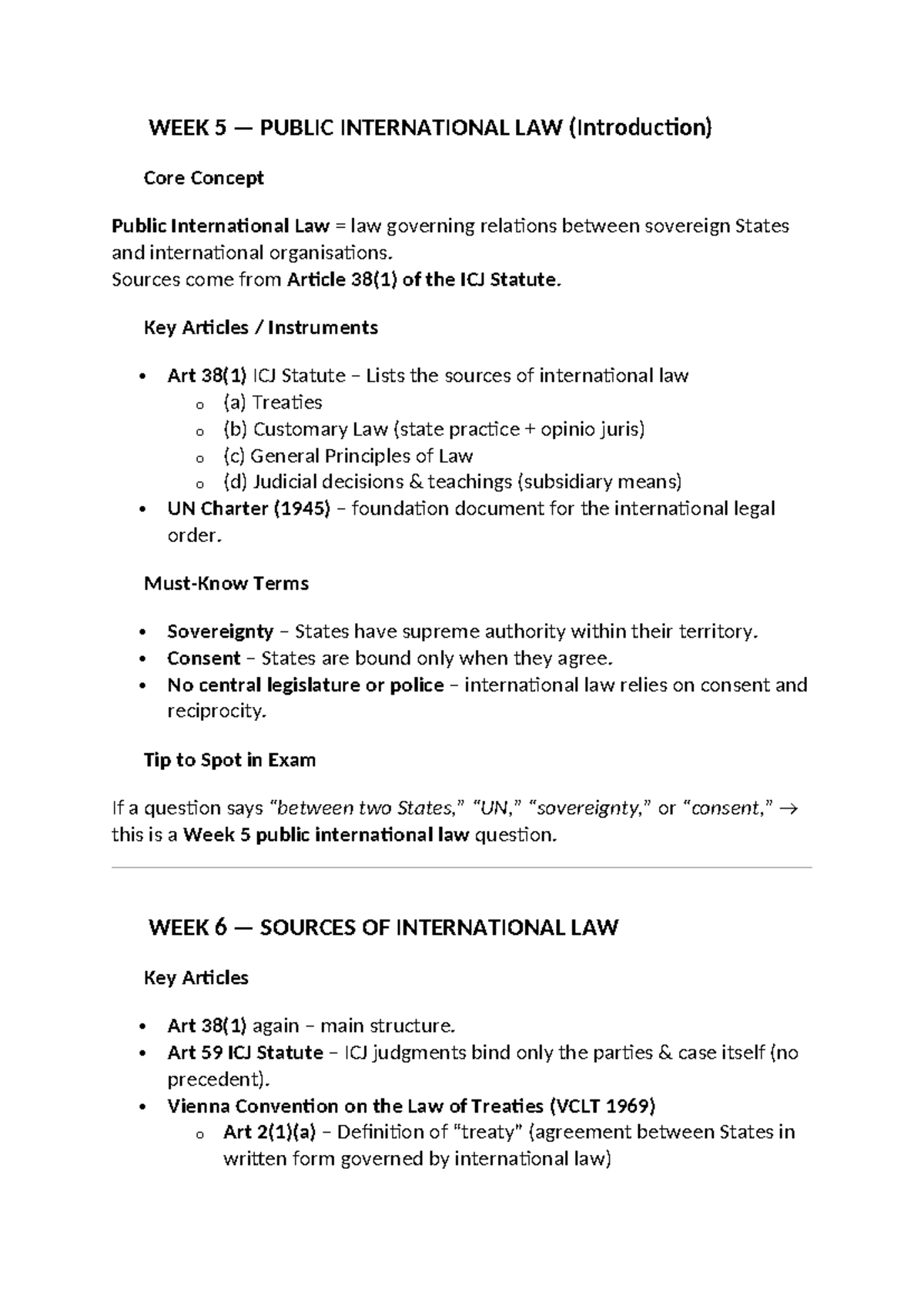 WEEK 5 PUBLIC INTERNATIONAL LAW: Key Concepts and Exam Tips - Studocu