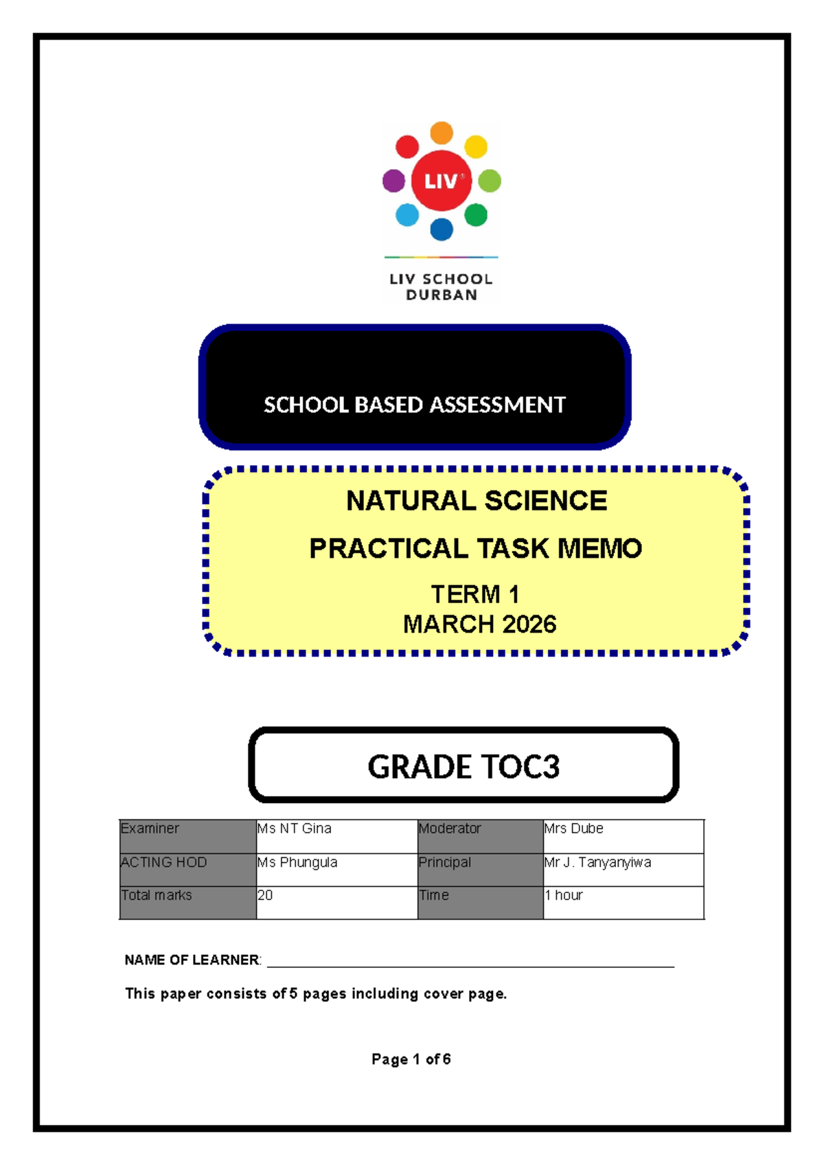 TOC3 Natural Science Practical Task Memo - Term 1 March 2026 - Studocu