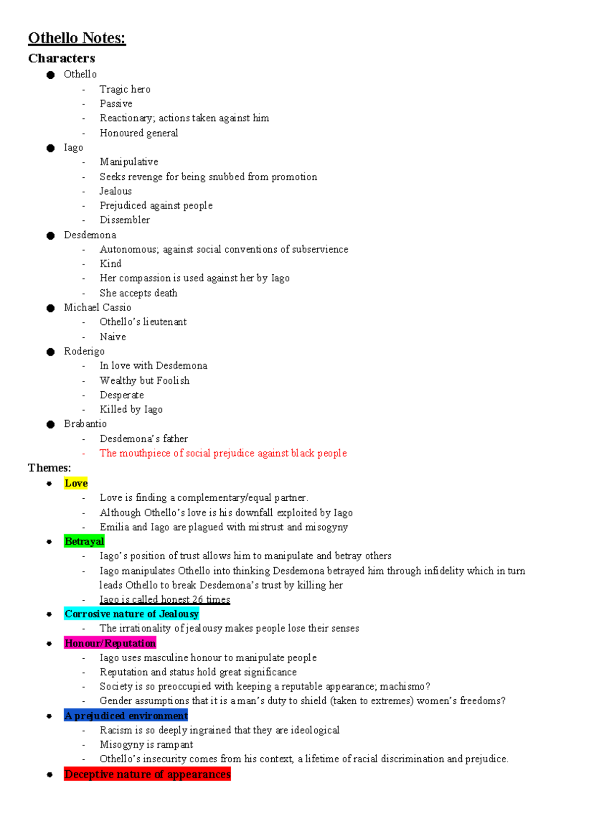 Othello and GG notes - Othello Notes: Characters Othello - Tragic hero ...