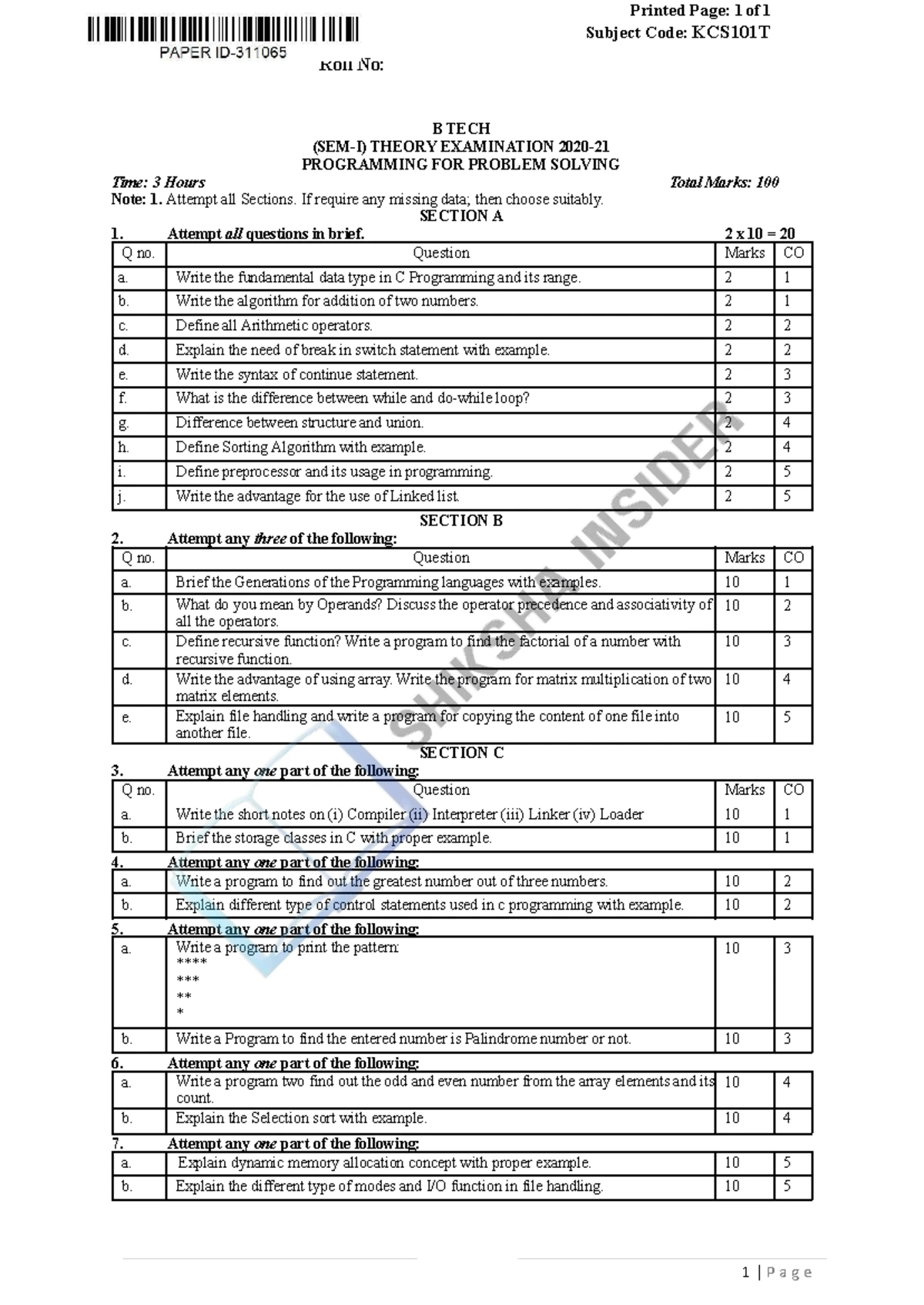 KCS101 BTECH SEM I Theory Exam: Programming for Problem Solving Notes ...